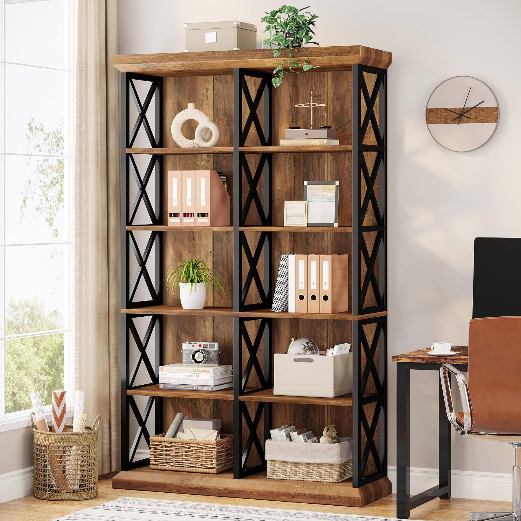 Back. Tribesigns - 75 Inch Tall Bookcase, Double Wide Bookshelves and Bookcase - Brown and Black.