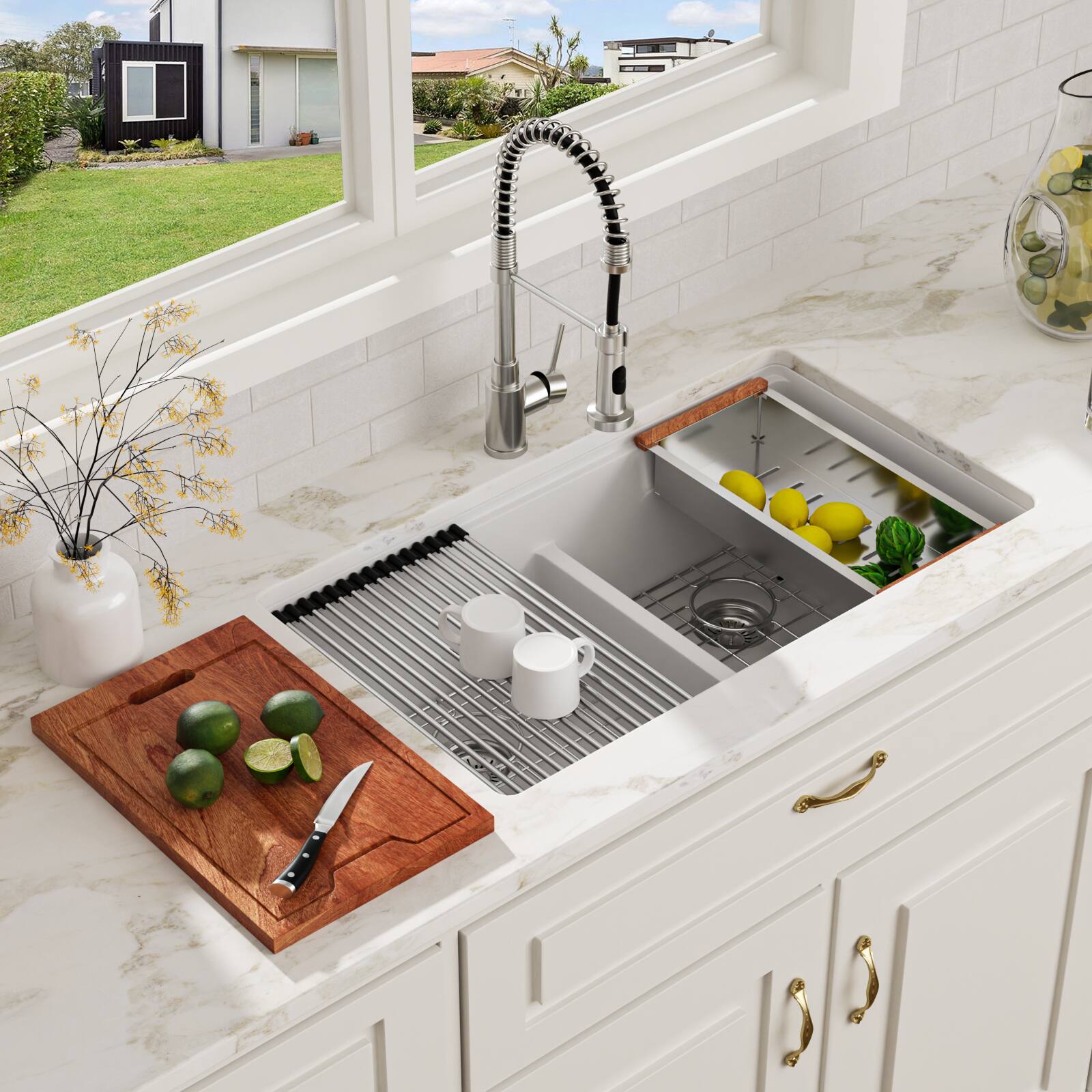 Angle. Lordear - 33x19x10 Inch White Granite Composite Undermount kitchen Sink 50/50 Double Bowl Quartz Kitchen Sink - White.