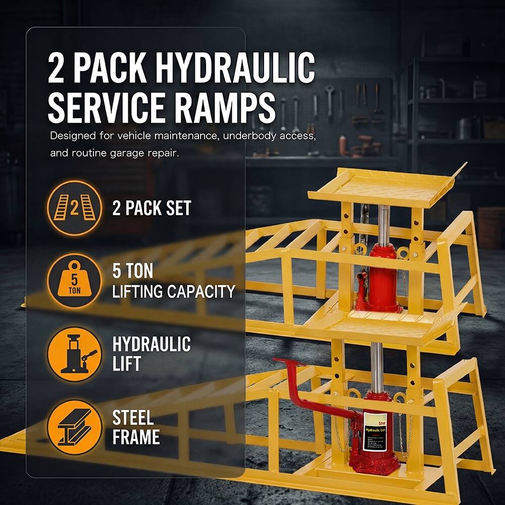2 PACK HYDRAULIC SERVICE RAMPS  
Designed for vehicle maintenance, underbody access, and routine garage repair.  

2 PACK SET  
5 TON LIFTING CAPACITY  
HYDRAULIC LIFT  
STEEL FRAME