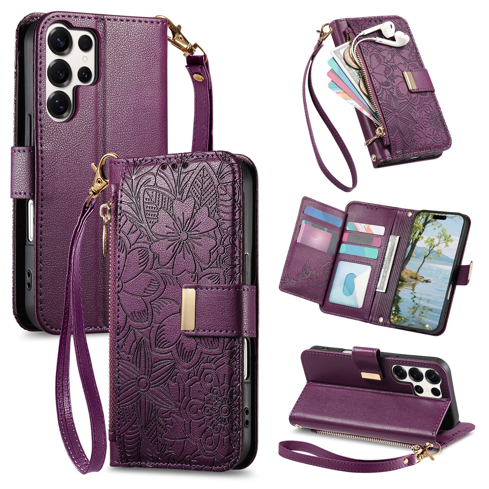 UUCOVER - Floral PU Leather Wallet Case for Samsung Galaxy S25 Ultra with Zipper Pocket, Cash Card Slot, Shoulder & Wrist Strap - Purple