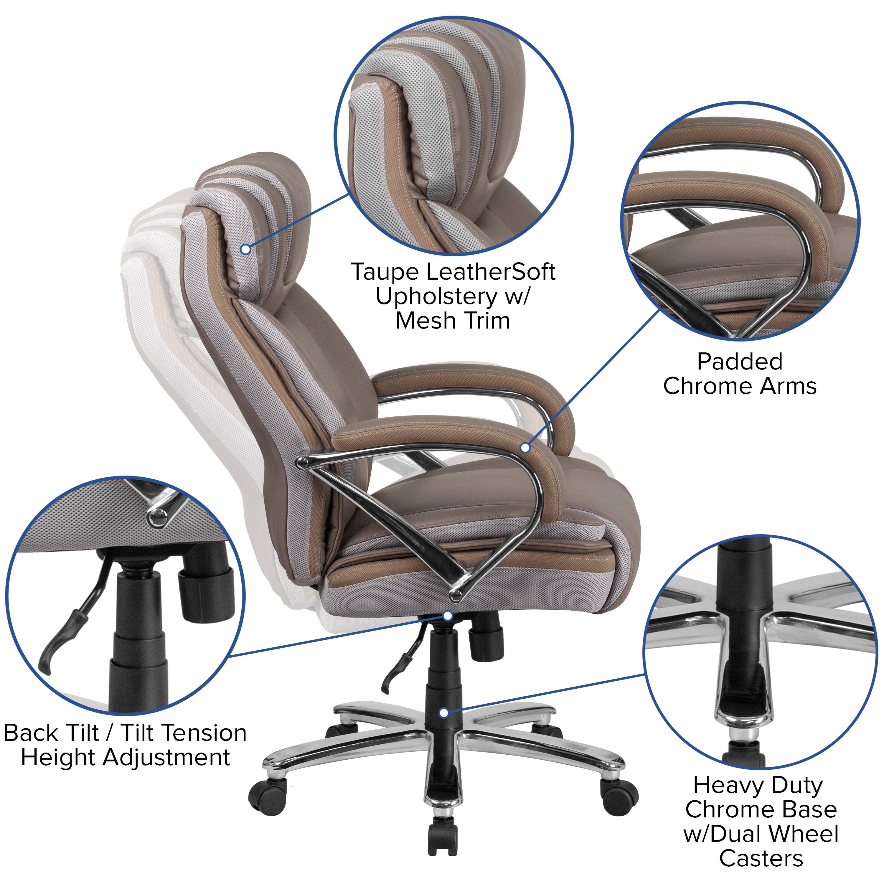 - Taupe LeatherSoft Upholstery w/ Mesh Trim
- Padded Chrome Arms
- Back Tilt / Tilt Tension Height Adjustment
- Heavy Duty Chrome Base w/Dual Wheel Casters