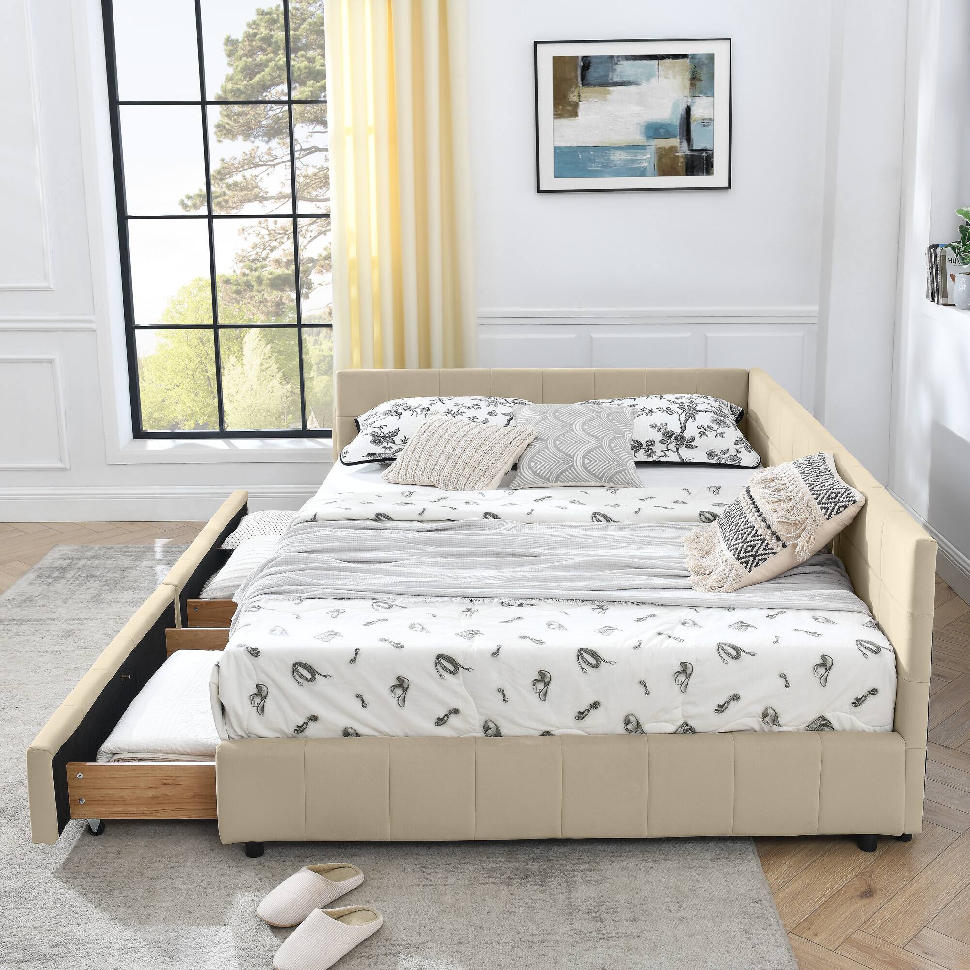 Left. Anysun - Queen Velvet Tufted Storage Bed Frame - Sofa Bed with Backrest & Armrests for Bedroom or Living Room - Beige.