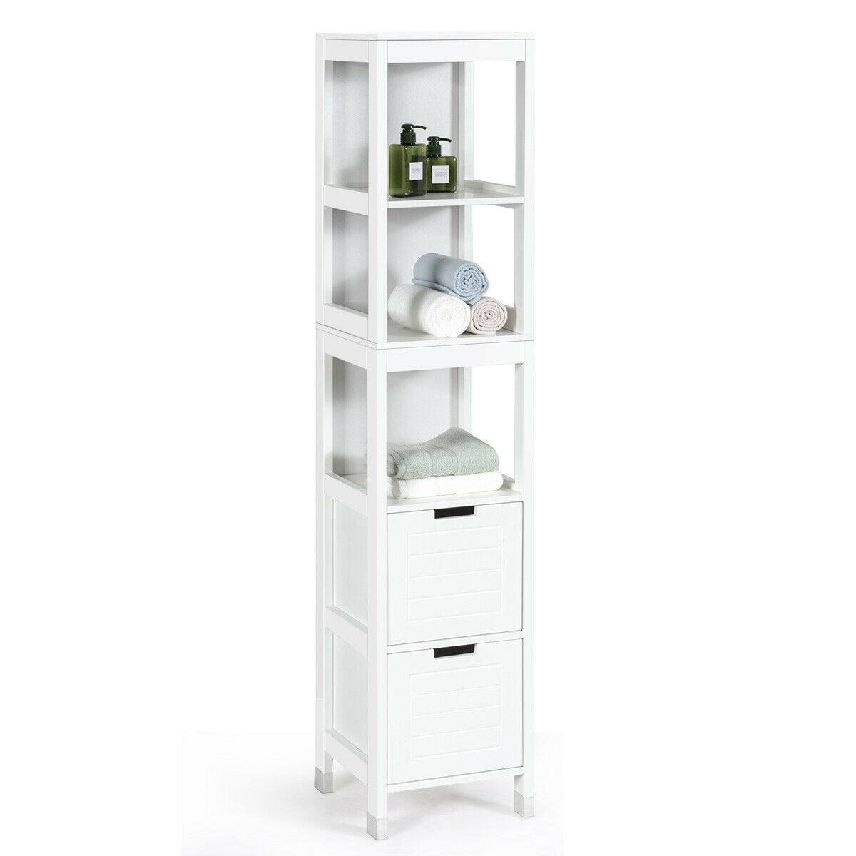 Gymax - Bathroom Floor Cabinet Multifunctional Storage Organizer 5Tier Shelves&2 Drawers - White