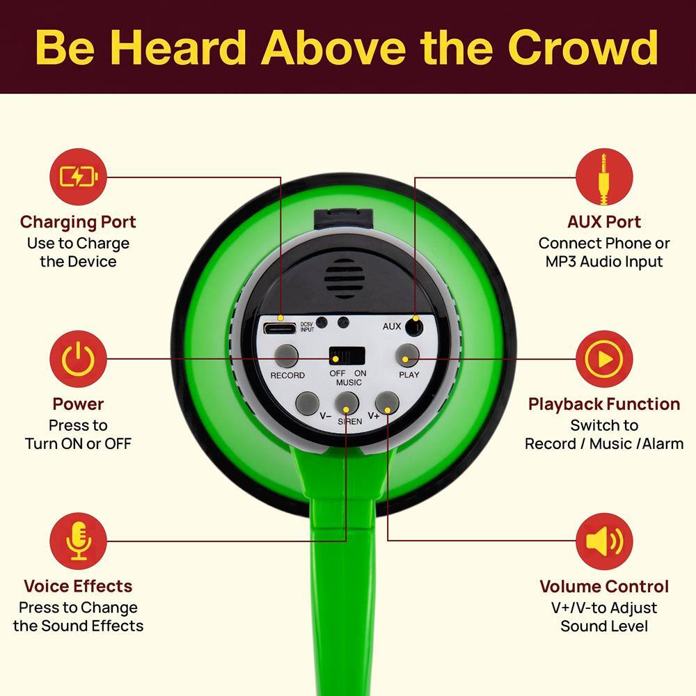 Be Heard Above the Crowd

Charging Port
Use to Charge the Device

AUX Port
Connect Phone or MP3 Audio Input

Power
Press to Turn ON or OFF

Playback Function
Switch to Record / Music / Alarm

Voice Effects
Press to Change the Sound Effects

Volume Control
V+/V- to Adjust Sound Level