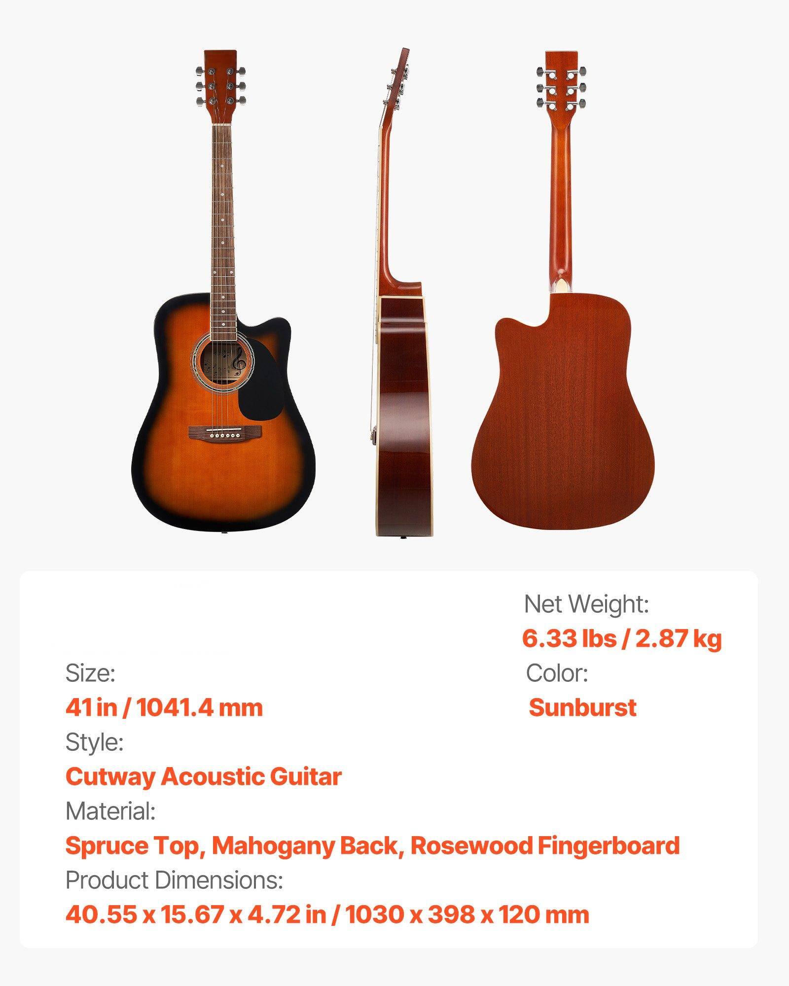 Net Weight: 6.33 lbs / 2.87 kg  
Size: 41 in / 1041.4 mm  
Color: Sunburst  
Style: Cutway Acoustic Guitar  
Material: Spruce Top, Mahogany Back, Rosewood Fingerboard  
Product Dimensions: 40.55 x 15.67 x 4.72 in / 1030 x 398 x 120 mm