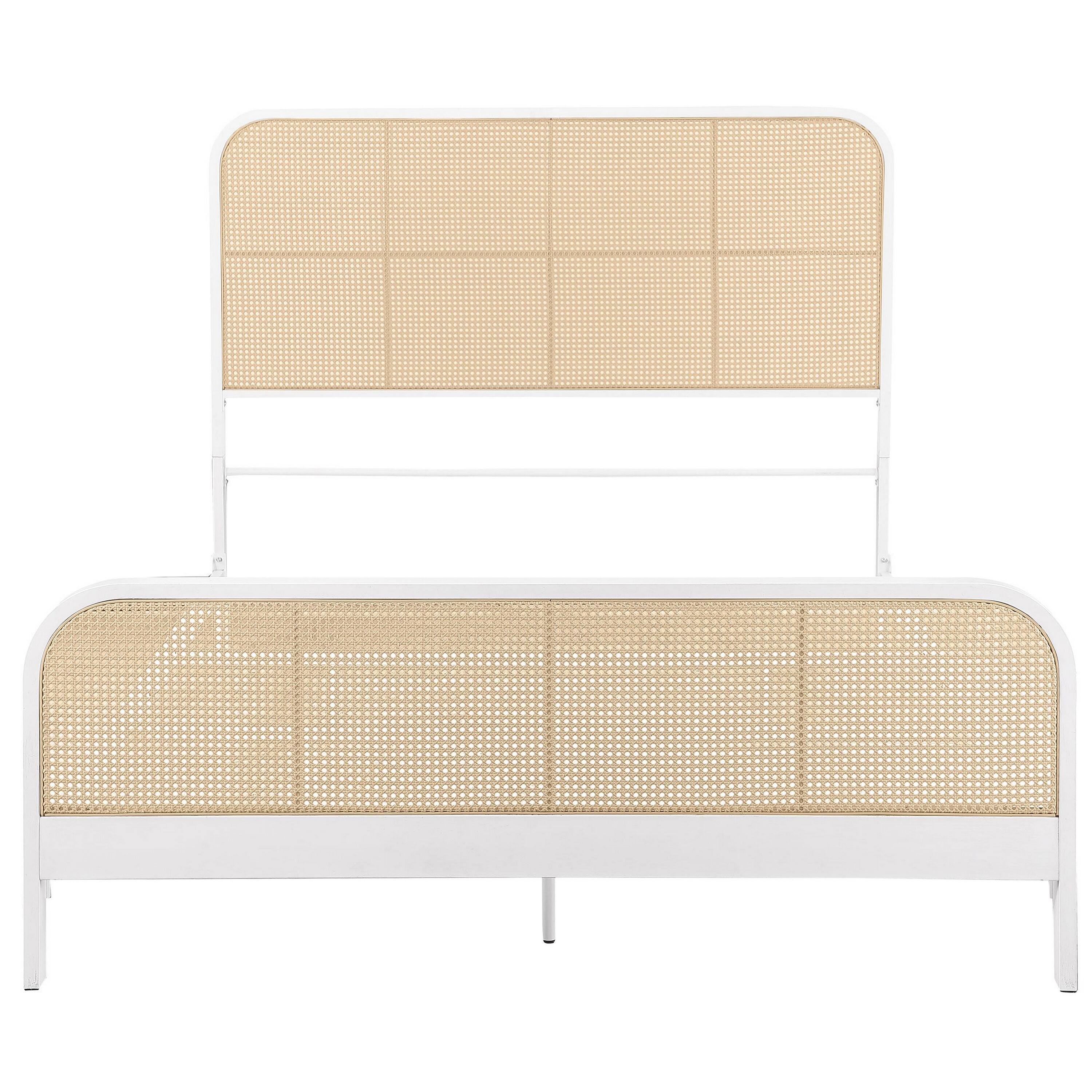 Alt View 1. Manhattan Lane - Lanie Queen Bed with Brown Open Cane Webbing Faux Rattan, White Metal - White, Brown.