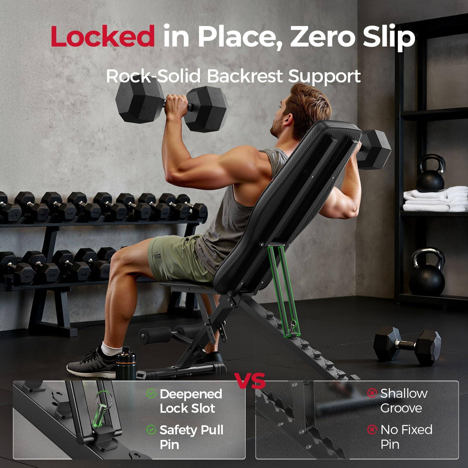 Locked in Place, Zero Slip  
Rock-Solid Backrest Support  

VS  

Deepened Lock Slot  
Safety Pull Pin  

Shallow Groove  
No Fixed Pin