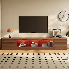 MERAVOM - Mid-Century Modern TV Stand for TVs Up to 80", Entertainment Center with Storage Cabinets and LED Light for Living Room - Walnut