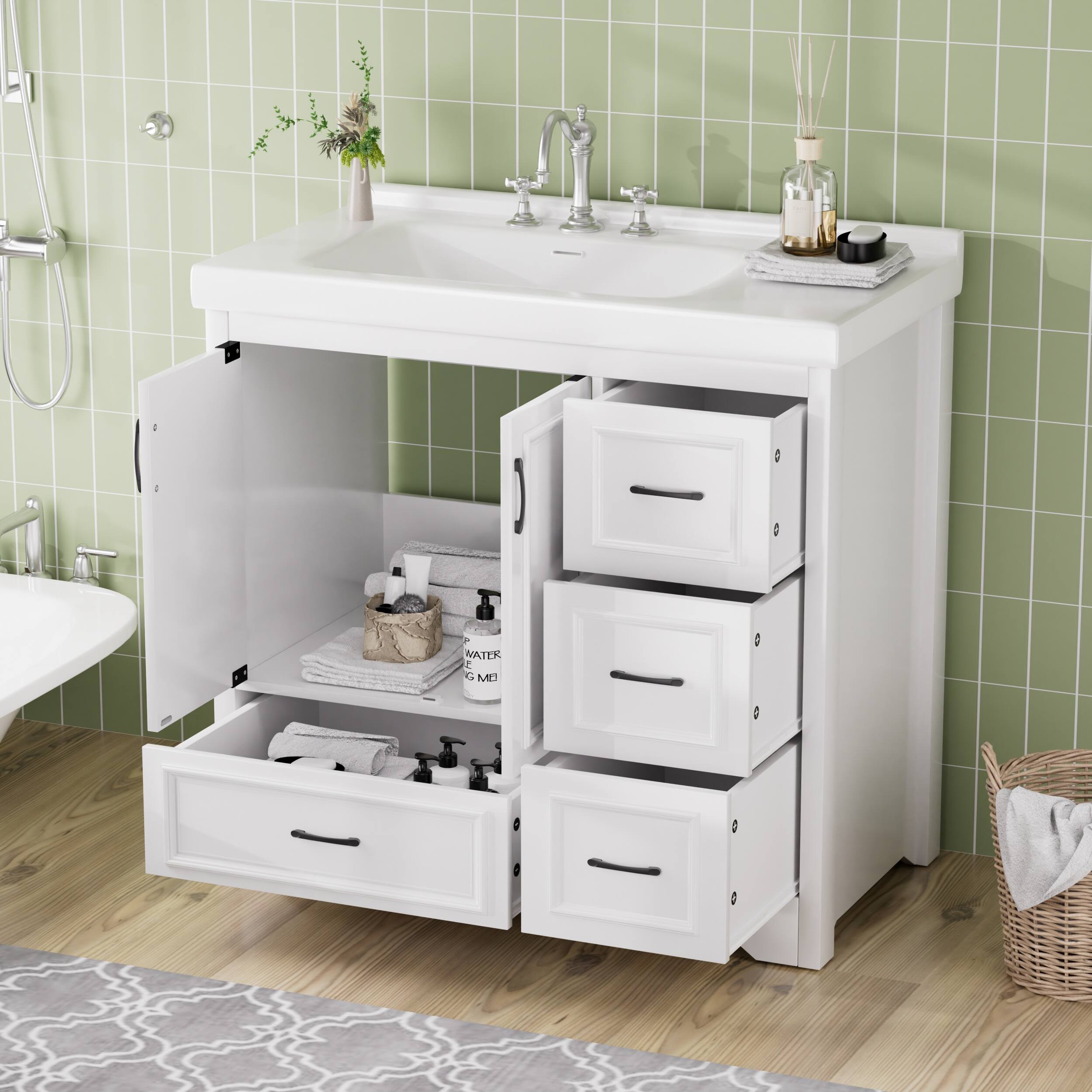 Angle. Tiramisubest - 36" Bathroom Vanities with Single Sink, Bathroom Sink Cabinet with 2 Closing Doors & 4 Drawers. White - White.