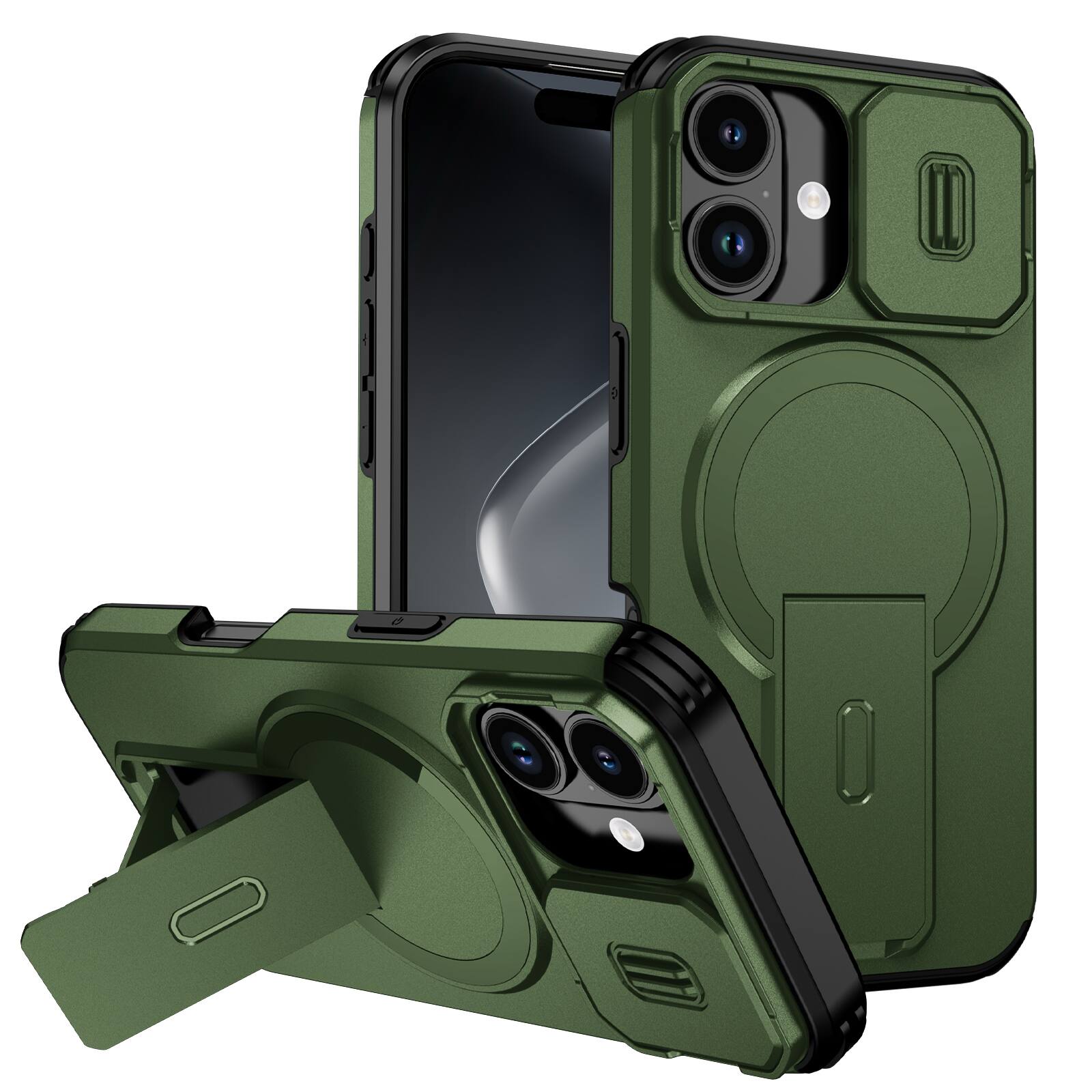 Front. Dteck - Magnetic Case for Apple iPhone 17 with Sliding Camera Lens Cover,Qi Wireless Charging,Rugged Stand Shockproof Shell - Green.