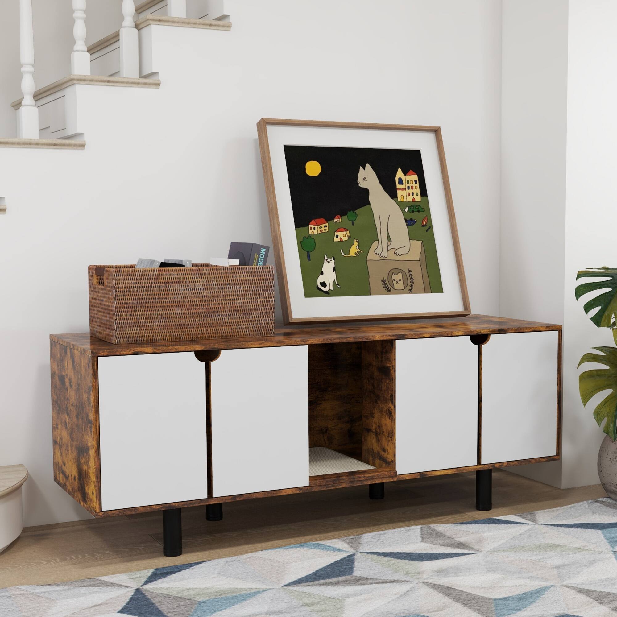 Alt View 4. Pawhut - Cat Litter Box Cabinet for 2 Cats, Hidden Furniture TV Stand with Sand Filter Mat, Double Doors, 58"x19"x23" - Rustic Brown.