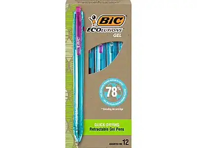 BIC ECOLUTIONS GEL
78% LESS PLASTIC
QUICK-DRYING Retractable Gel Pens
12 Assorted Ink