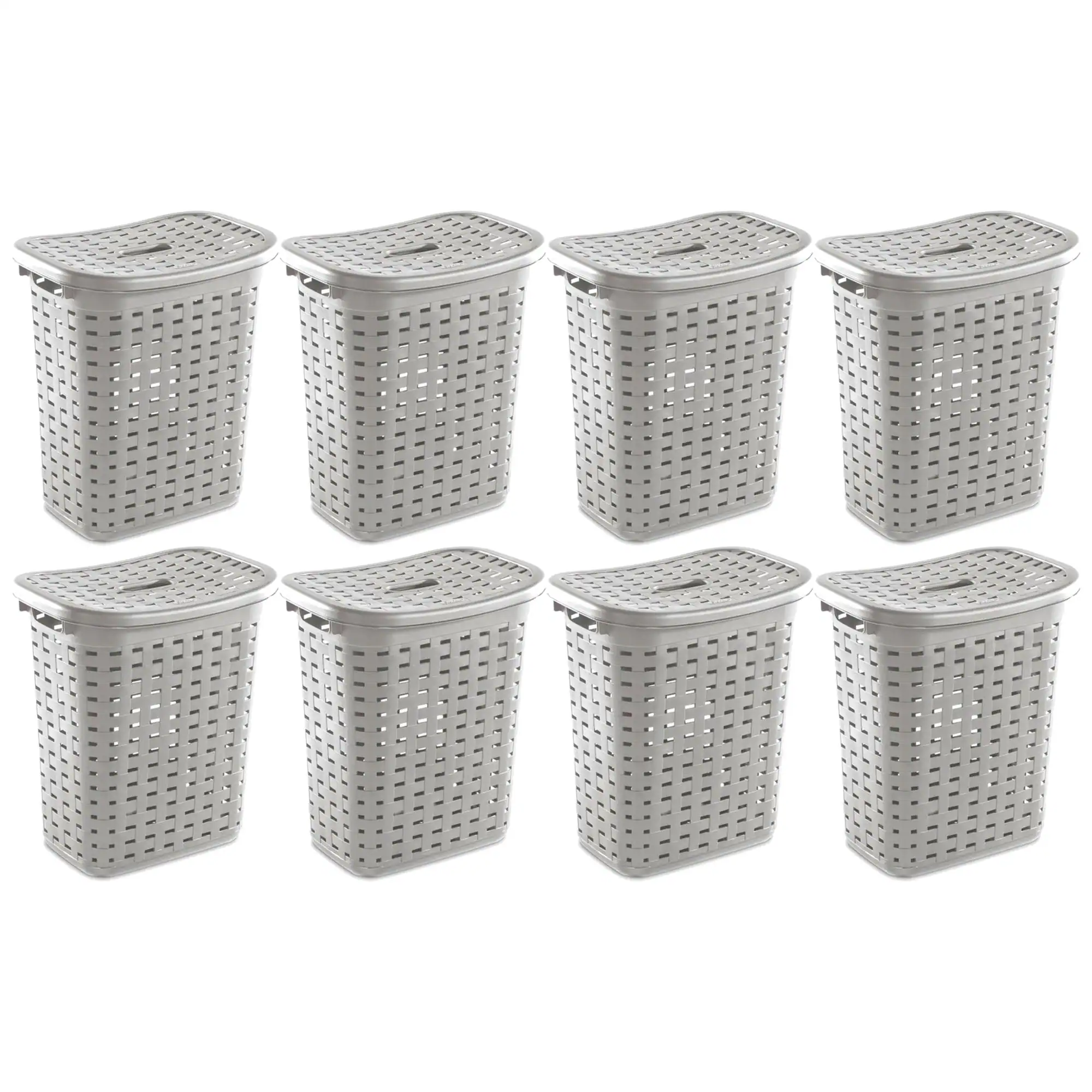 Front. Sterilite - Sterilite Plastic Weave Laundry Hamper Slim Clothes Lidded Basket, Gray, 8-Pack - Gray.