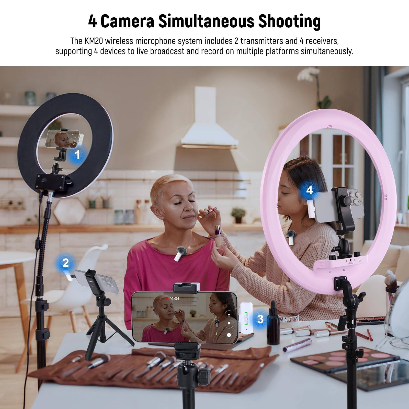 4 Camera Simultaneous Shooting

The KM20 wireless microphone system includes 2 transmitters and 4 receivers, supporting 4 devices to live broadcast and record on multiple platforms simultaneously.