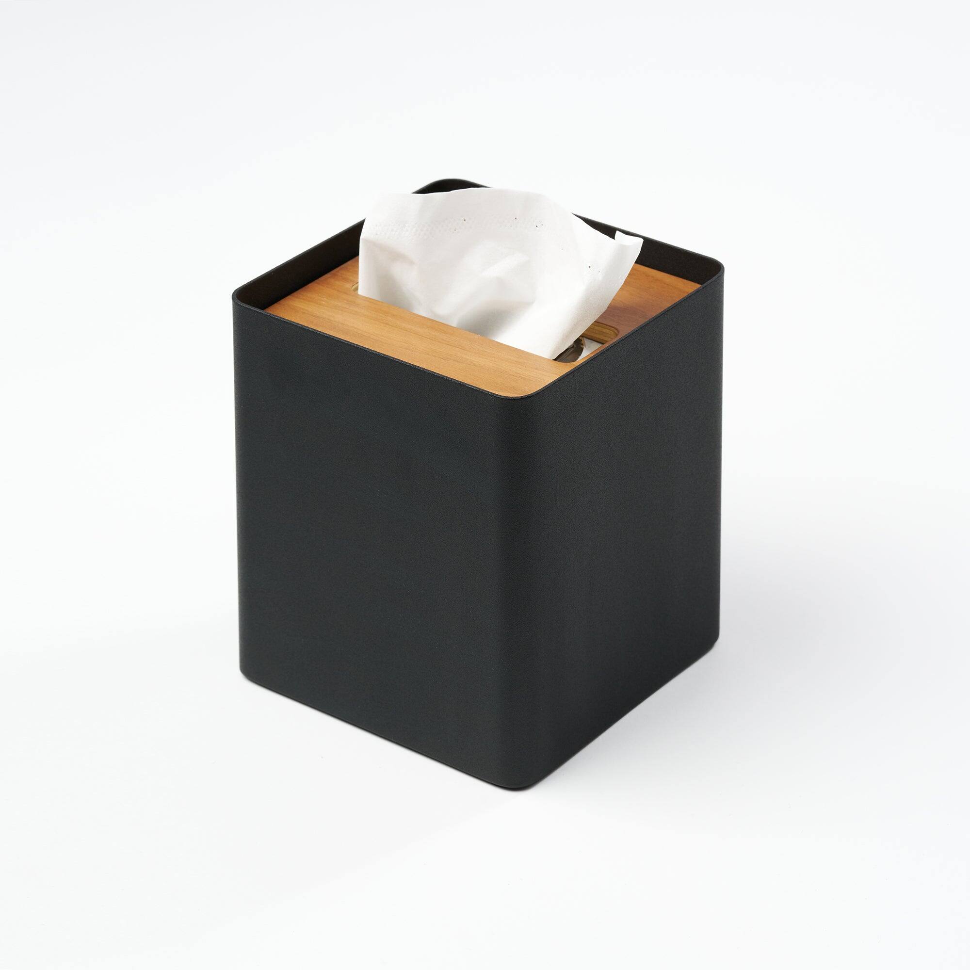 Angle. Yamazaki Home - Tissue Box Cover - Square - Steel - Black, White.