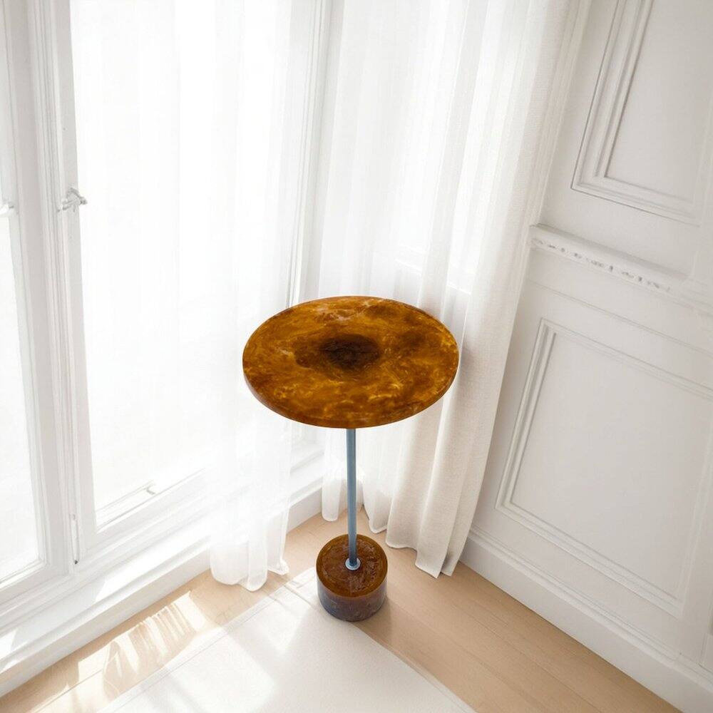 Left. Carolina Chair & Table - Amber Glow Pedestal Table - Nickel - Nickel.