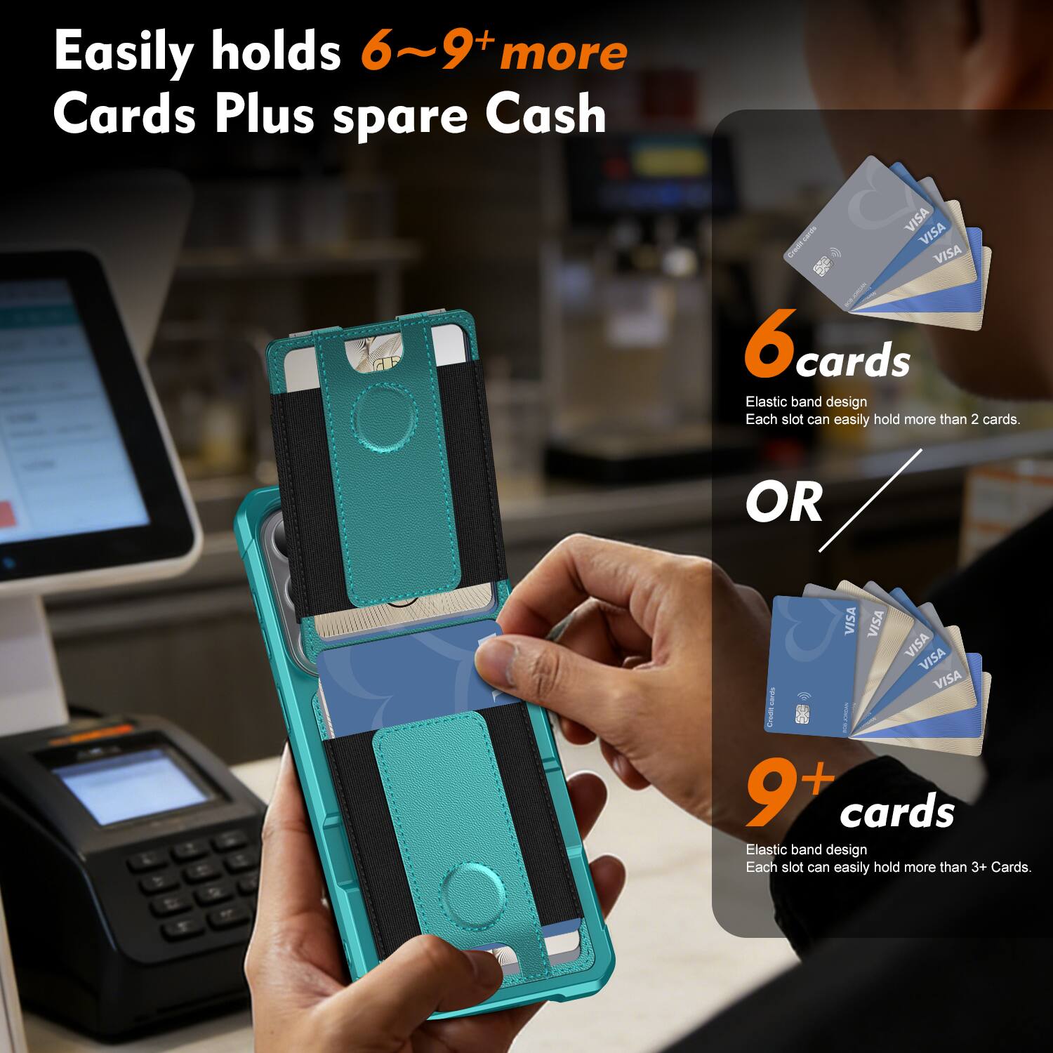 Easily holds 6~9+ more Cards Plus spare Cash

6 cards
Elastic band design
Each slot can easily hold more than 2 cards.

OR

9+ cards
Elastic band design
Each slot can easily hold more than 3+ Cards.