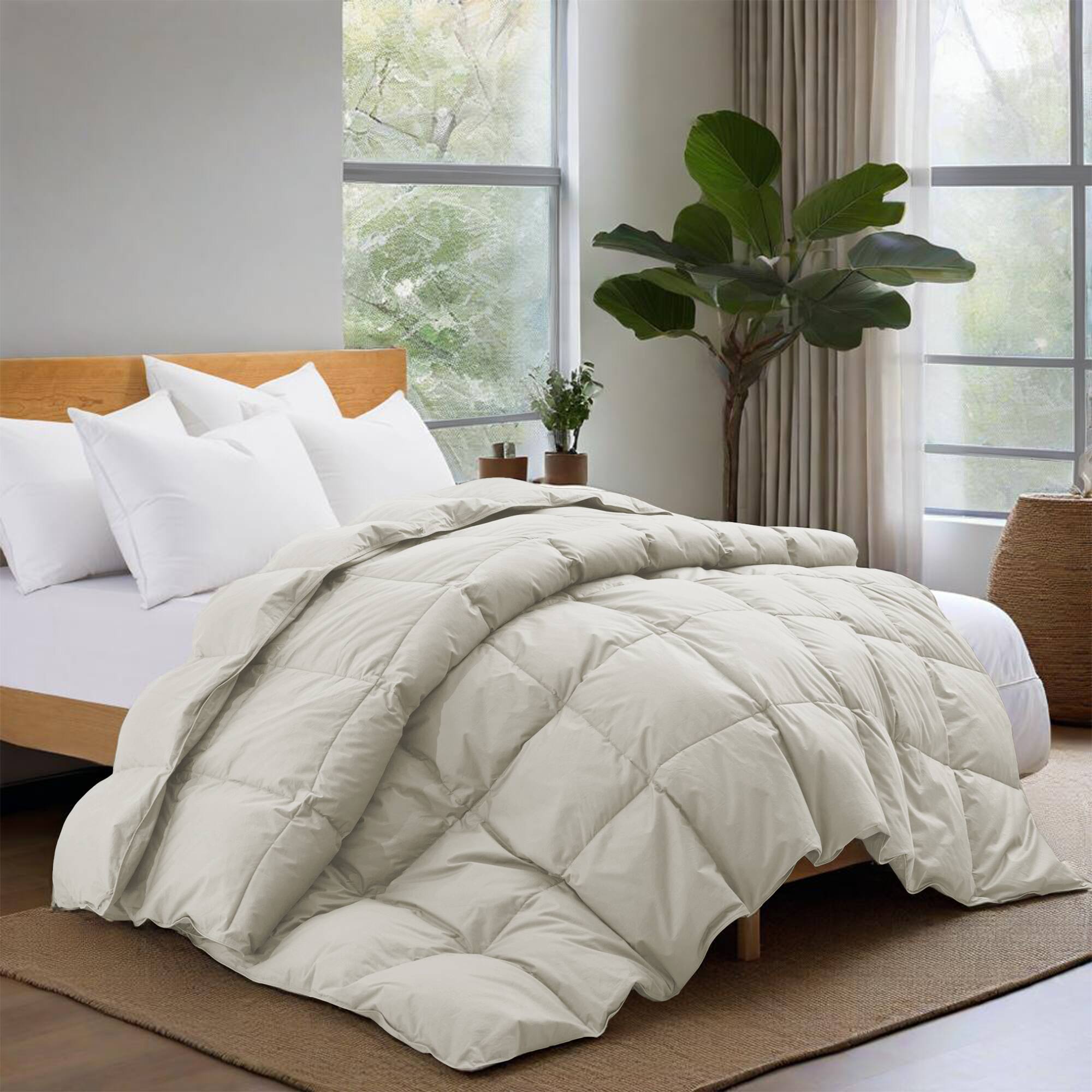 Angle. Puredown - Puredown Luxurious 300TC 100% Organic Cotton Down Feather Fiber Comforter, Oatmeal, King - Oatmeal.