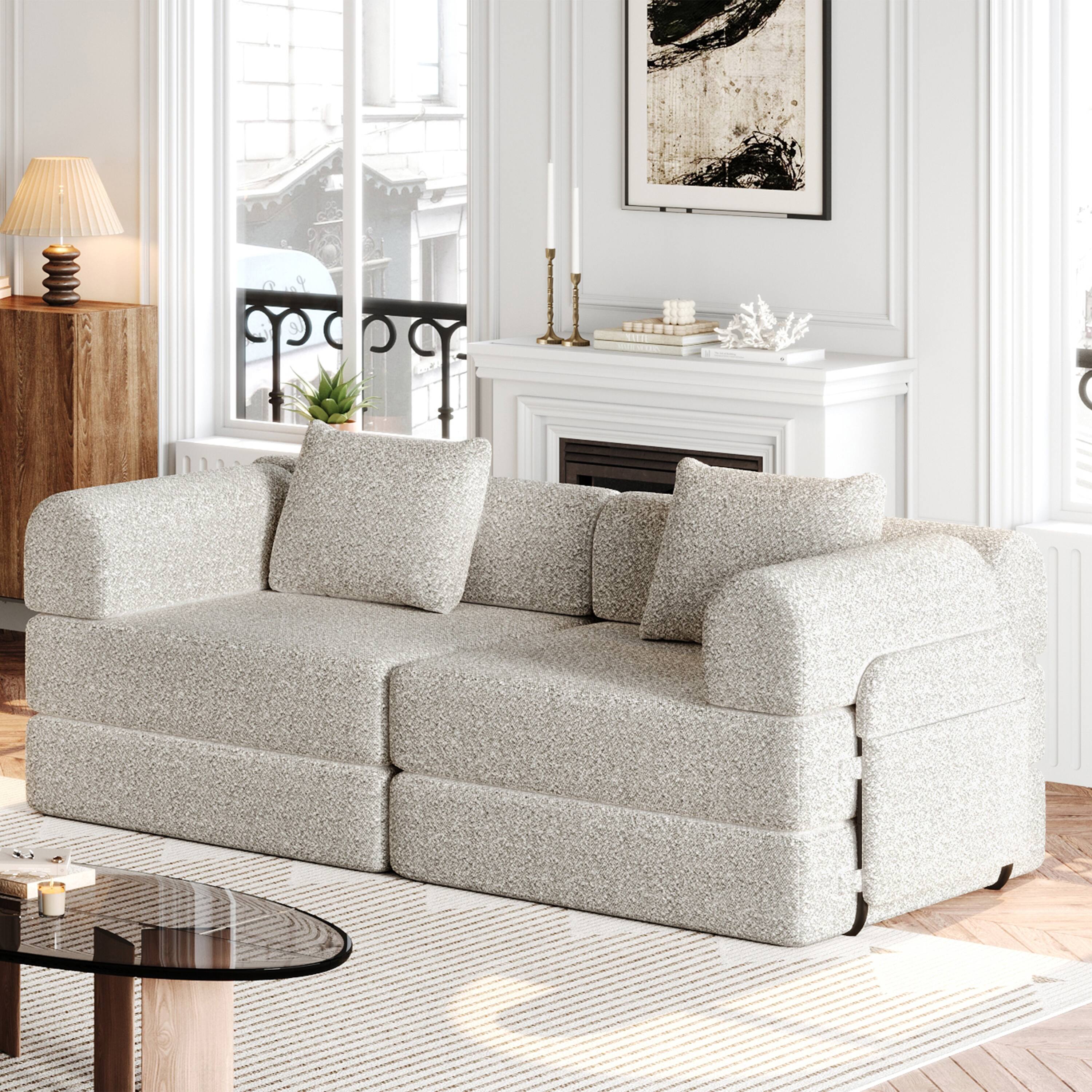 Angle. Trinkets Crazed - Convertible Sofa Bed, 72.4" Loveseat Sofa With Storage Pockets Modular Sleeper Couch Chenille Folding Floor Couch - Beige.