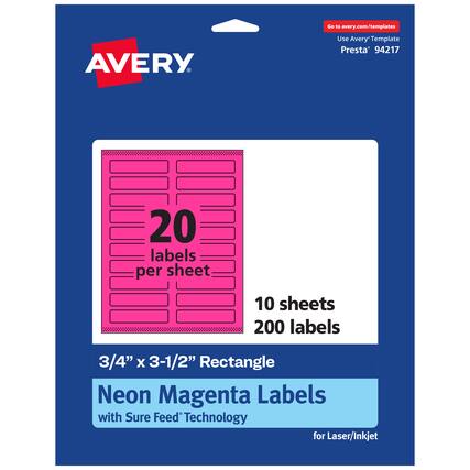 Go to avery.com/templates
AVERY
Use Avery™ Template Presta® 94217
20 labels per sheet
10 sheets
200 labels
3/4" x 3-1/2" Rectangle
Neon Magenta Labels with Sure Feed® Technology for Laser/Inkjet