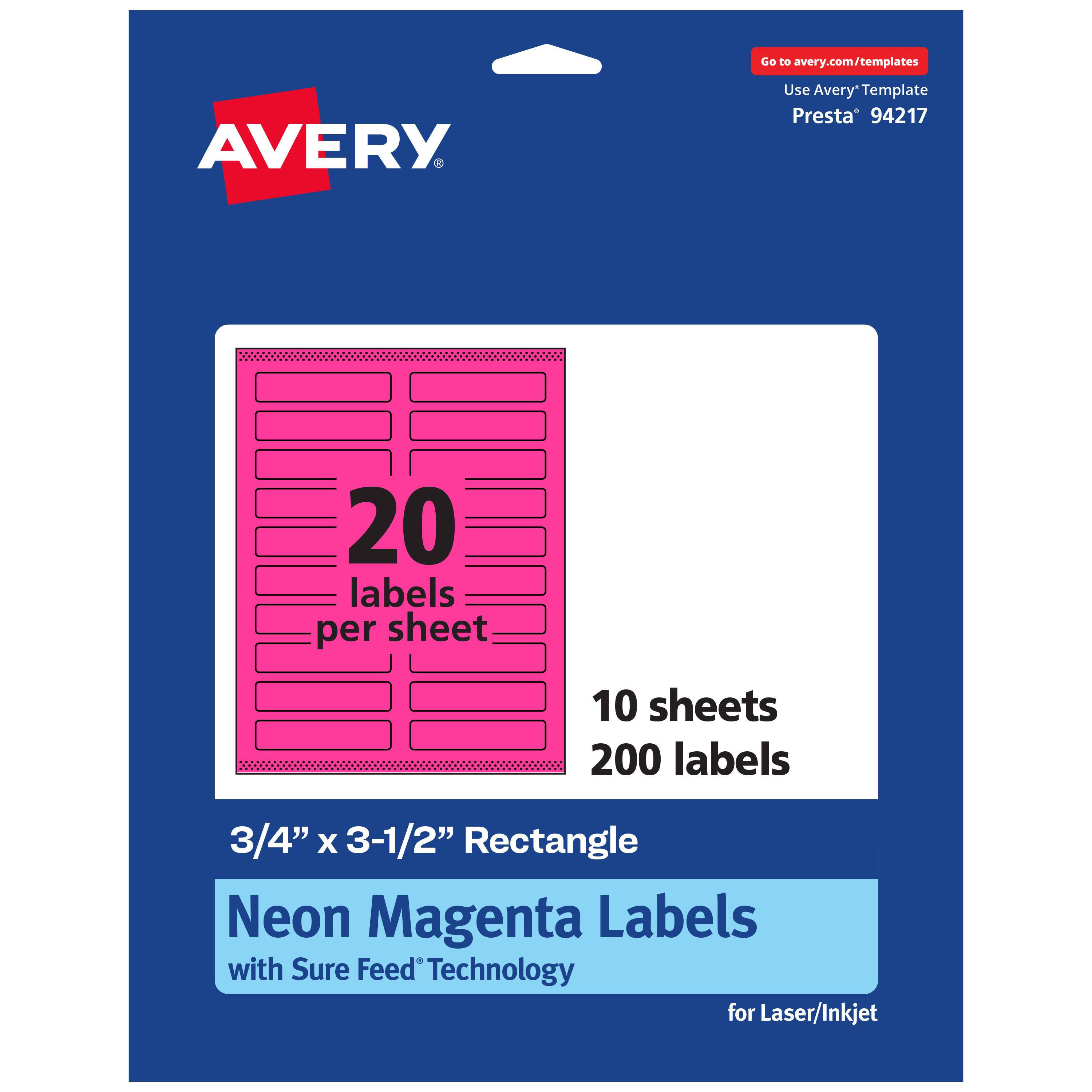 Go to avery.com/templates  
AVERY  
Use Avery™ Template Presta® 94217  

20 labels per sheet  
10 sheets  
200 labels  

3/4" x 3-1/2" Rectangle  
Neon Magenta Labels with Sure Feed® Technology for Laser/Inkjet