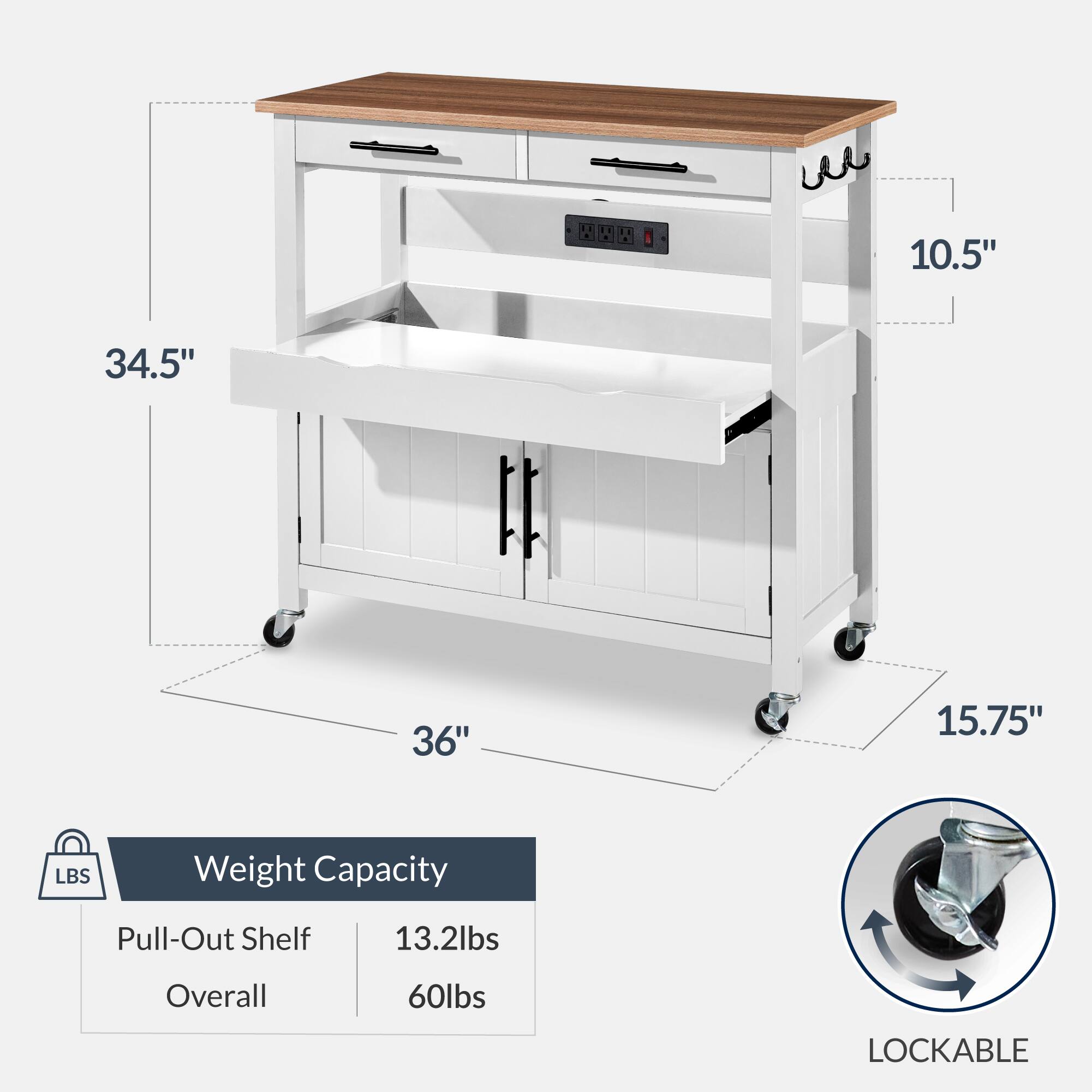 10.5" 34.5" 36" 15.75" LBS Weight Capacity Pull-Out Shelf 13.2lbs Overall 60lbs LOCKABLE