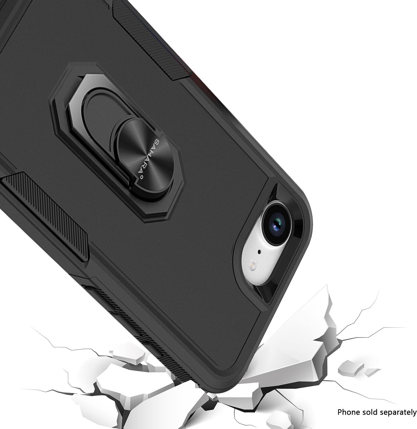 The image shows a black phone case with a camera on the back, which is being crushed by a pile of broken glass. The text on the image reads "SAHRA Phone sold separately."