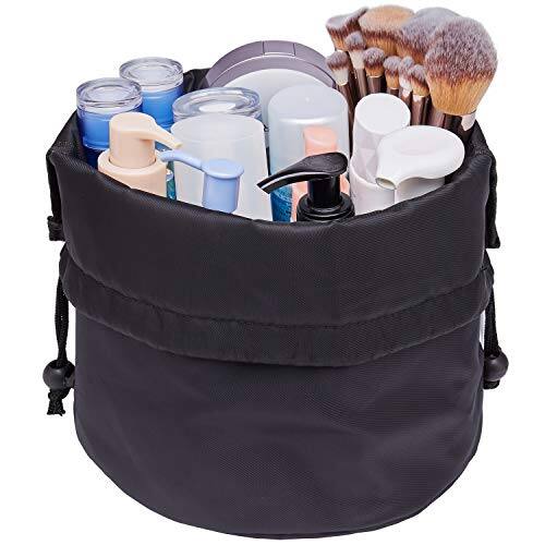 Front. ESBANY - Barrel Drawstring Makeup Bag Travel Cosmetic Bag Large Toiletry Organizer Waterproof for Women (Large, Black) - Black.