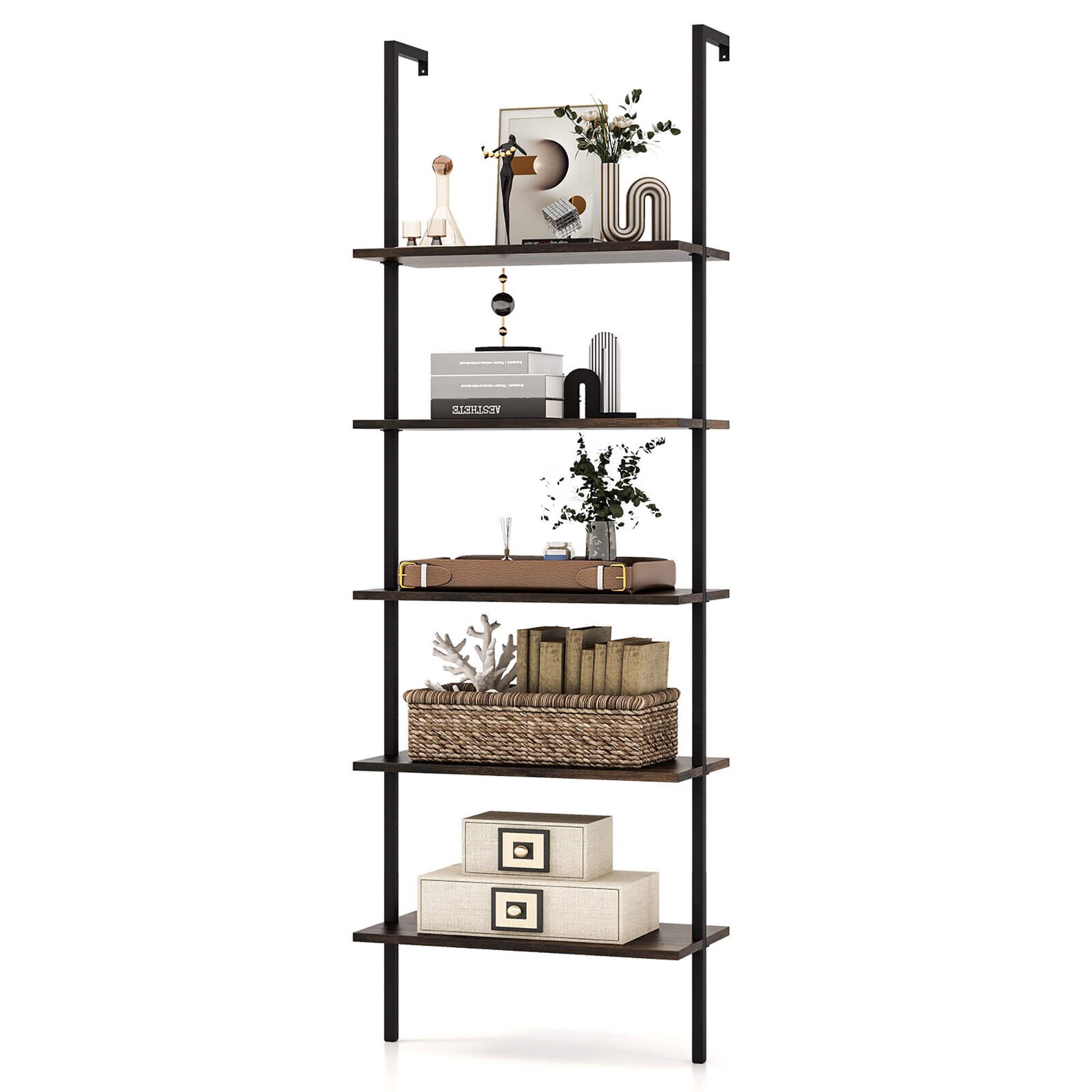 Gymax - 5 Tier Ladder Shelf 71'' Height Wall-Mounted Bookshelf Display Storage Organizer - Brown price history on PriceWatchPro
