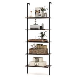 Gymax - 5 Tier Ladder Shelf 71'' Height Wall-Mounted Bookshelf Display Storage Organizer - Brown