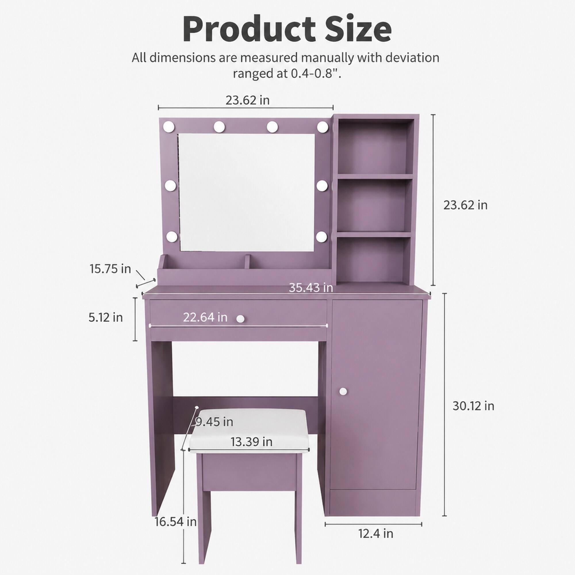 Product Size  
All dimensions are measured manually with deviation ranged at 0.4-0.8".  

23.62 in  
23.62 in  
15.75 in  
35.43 in  
5.12 in  
22.64 in  
9.45 in  
13.39 in  
30.12 in  
16.54 in  
12.4 in