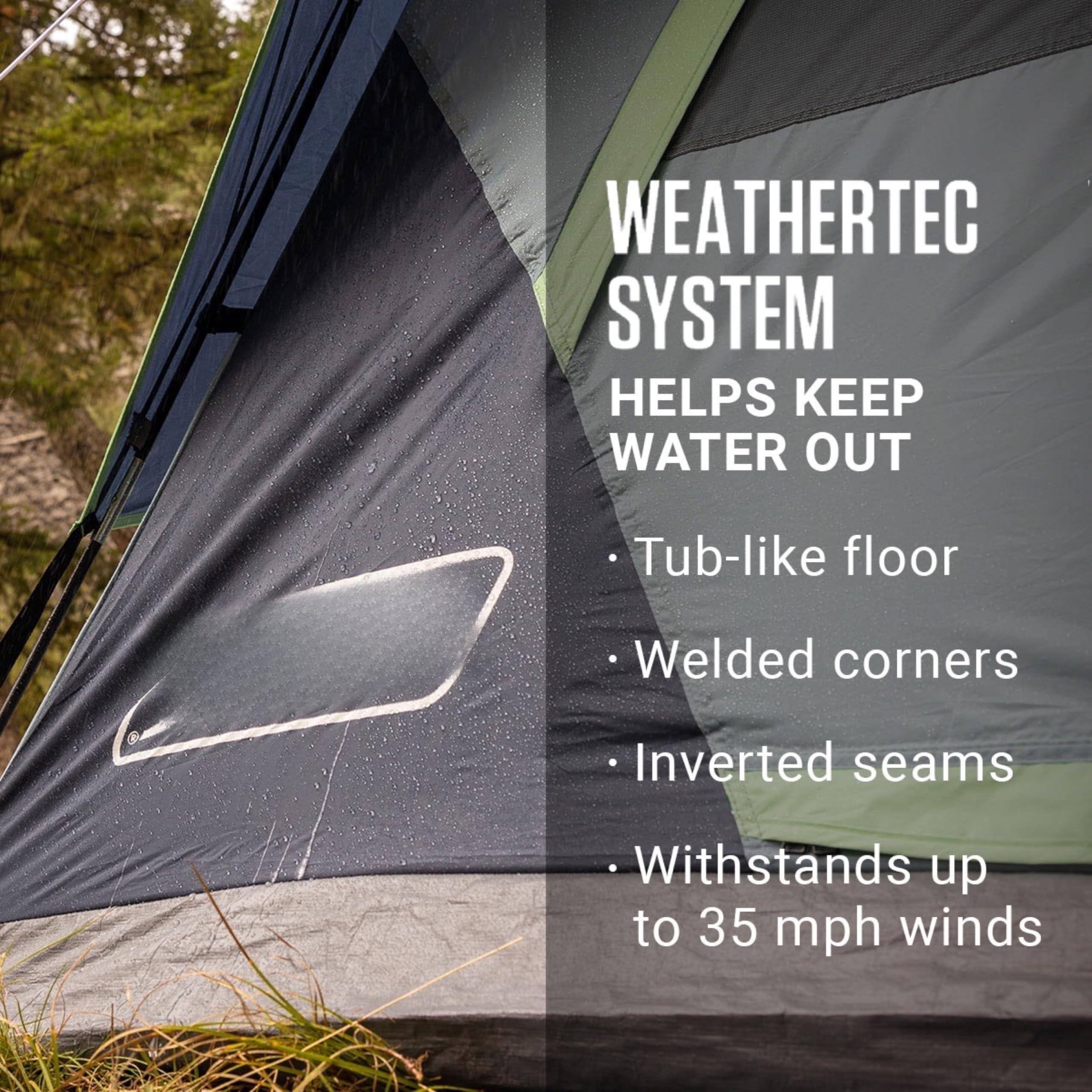 WEATHERTEC SYSTEM  
HELPS KEEP WATER OUT  

- Tub-like floor  
- Welded corners  
- Inverted seams  
- Withstands up to 35 mph winds
