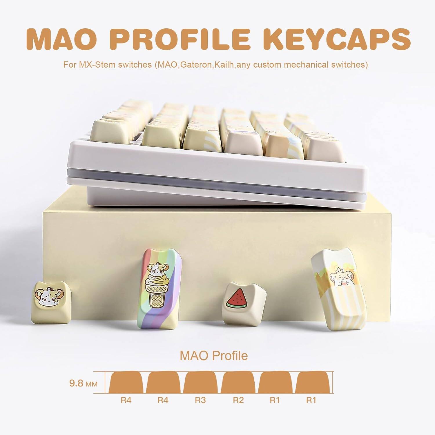 MAO Profile Keycaps for MX-Stem switches (MAO, Gateron, Kailh, any custom mechanical switches)  
- AO Profile: 9.8 MM  
- R4, R4, R3, R2, R1, R1