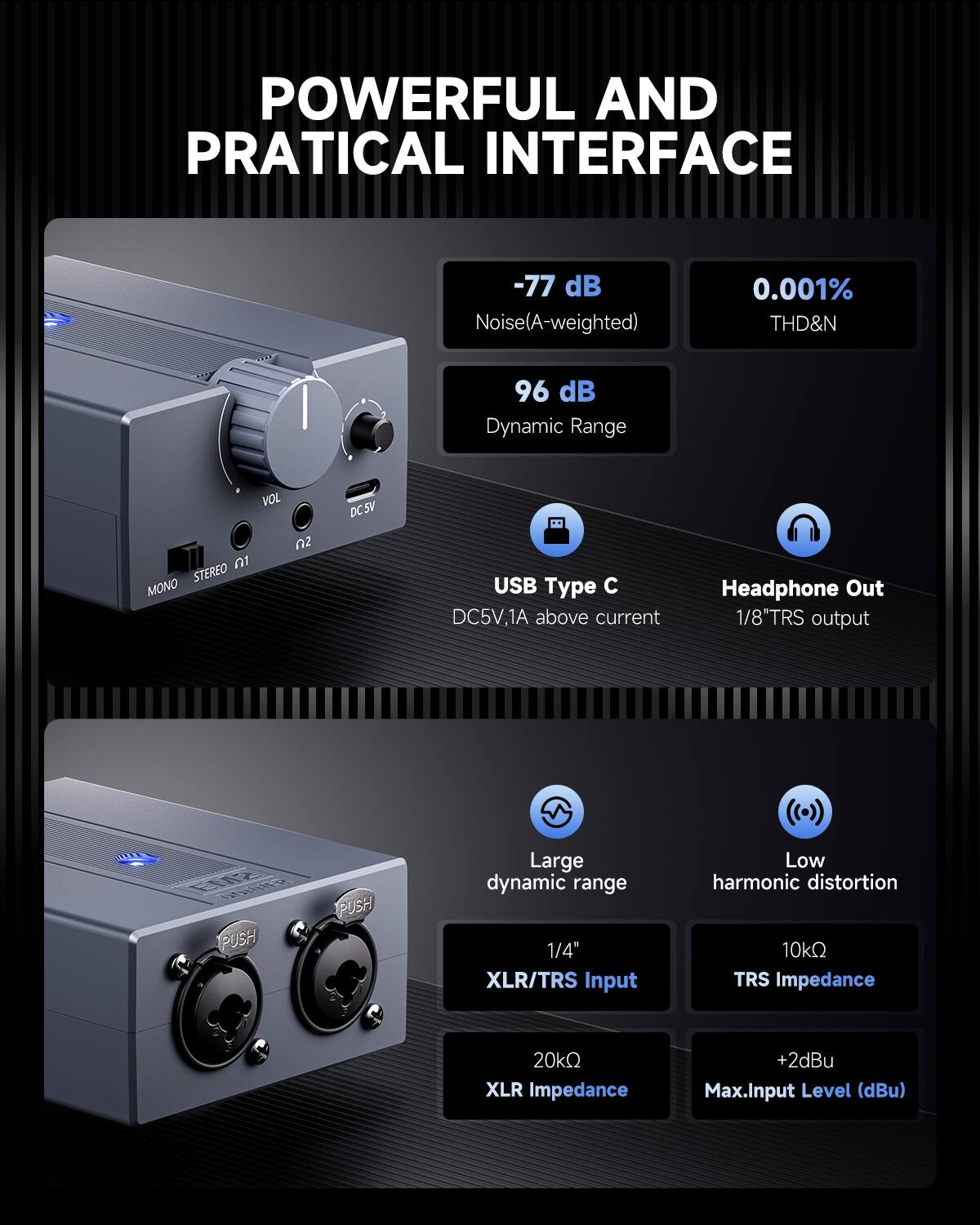 POWERFUL AND PRACTICAL INTERFACE

-77 dB Noise (A-weighted)
0.001% THD&N
96 dB Dynamic Range

VOL z 1 STEREO MONO DCSV USB Type C DC5V, 1A above current Headphone Out 1/8" TRS output

Large dynamic range
Low harmonic distortion

1/4" XLR/TRS Input
10kΩ TRS Impedance
20kΩ XLR Impedance
+2dBu Max. Input Level (dBu)