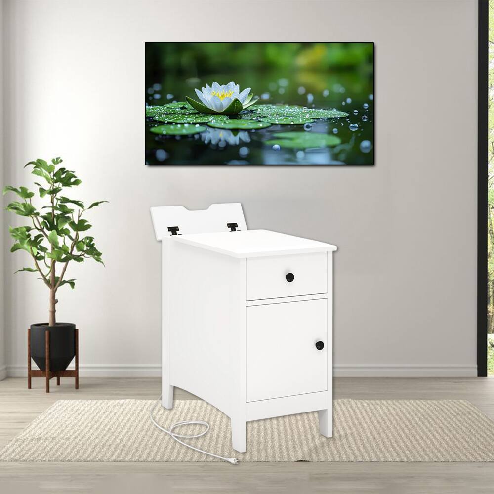 Hivvago - Modern End Table with Power Outlets, USB Charging Ports, and Flip-Top Compartment - White