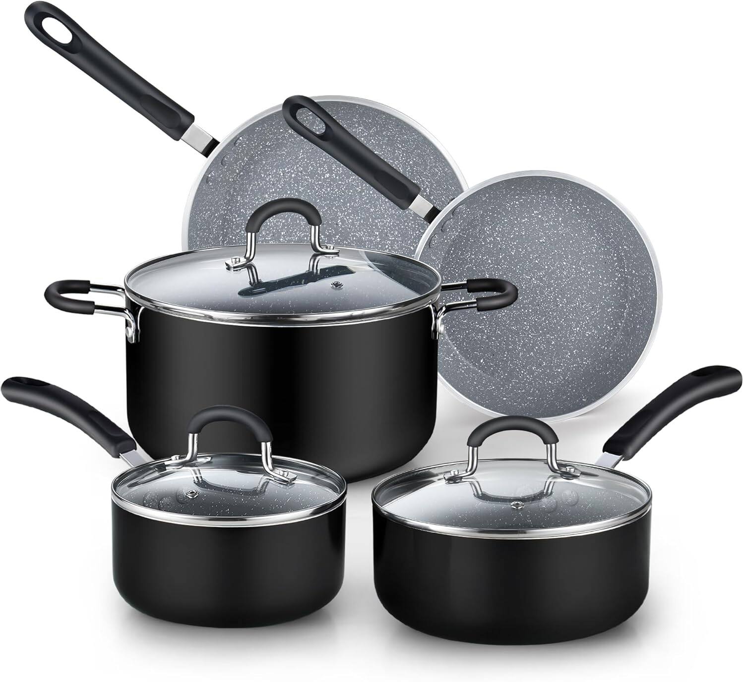 Front. Cook N Home - Cook N Home Nonstick Kitchen Cookware incl.Saucepan Frying Pan Stockpots 8-Piece, Heavy Gauge, Stay Cool Handle, Marble - black.