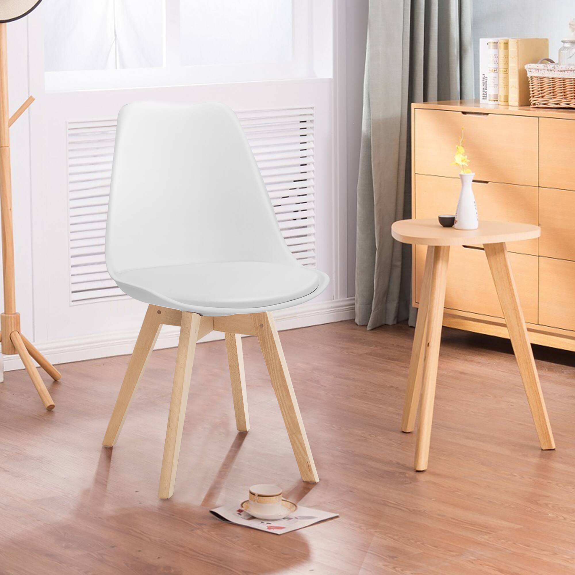 Alt View 2. Costway - Costway Set of 4 Dining Chair Mid Century Modern Shell PU Seat w/ Wood Leg - White.