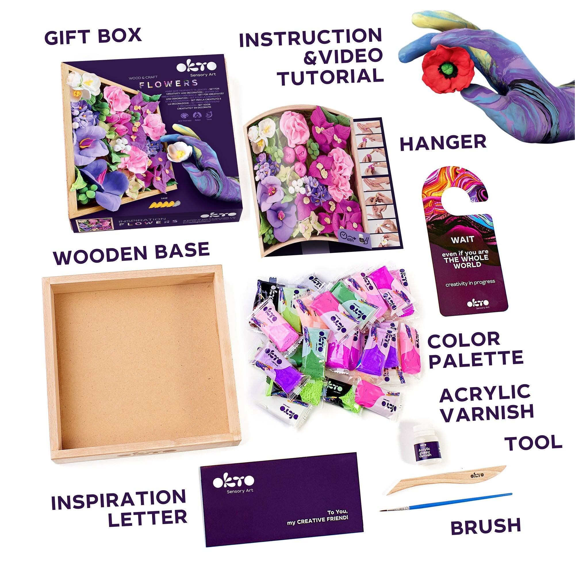 GIFT BOX, INSTRUCTION & VIDEO TUTORIAL, HANGER, WOODEN BASE, INSPIRATION LETTER, COLOR PALETTE, ACRYLIC VARNISH, TOOL, BRUSH
