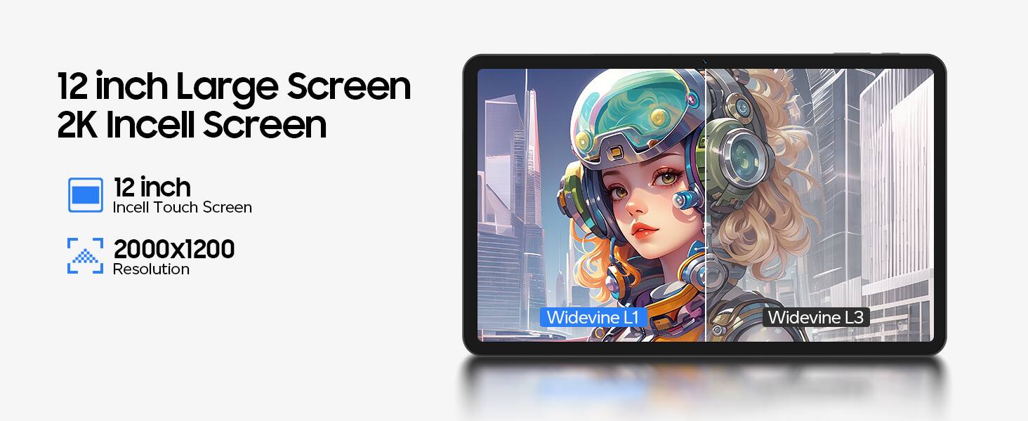 12 inch Large Screen  
2K Incell Screen  

- 12 inch  
- Incell Touch Screen  
- 2000x1200 Resolution  

Widevine L1  
Widevine L3