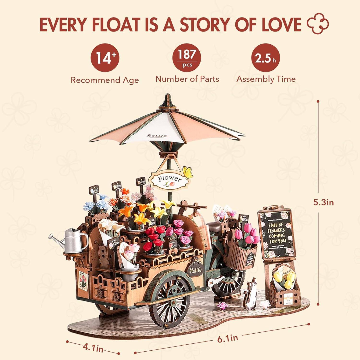 EVERY FLOAT IS A STORY OF LOVE

14+ Recommend Age  
187 pcs Number of Parts  
2.5h Assembly Time  

5.3in  
4.1in  
6.1in