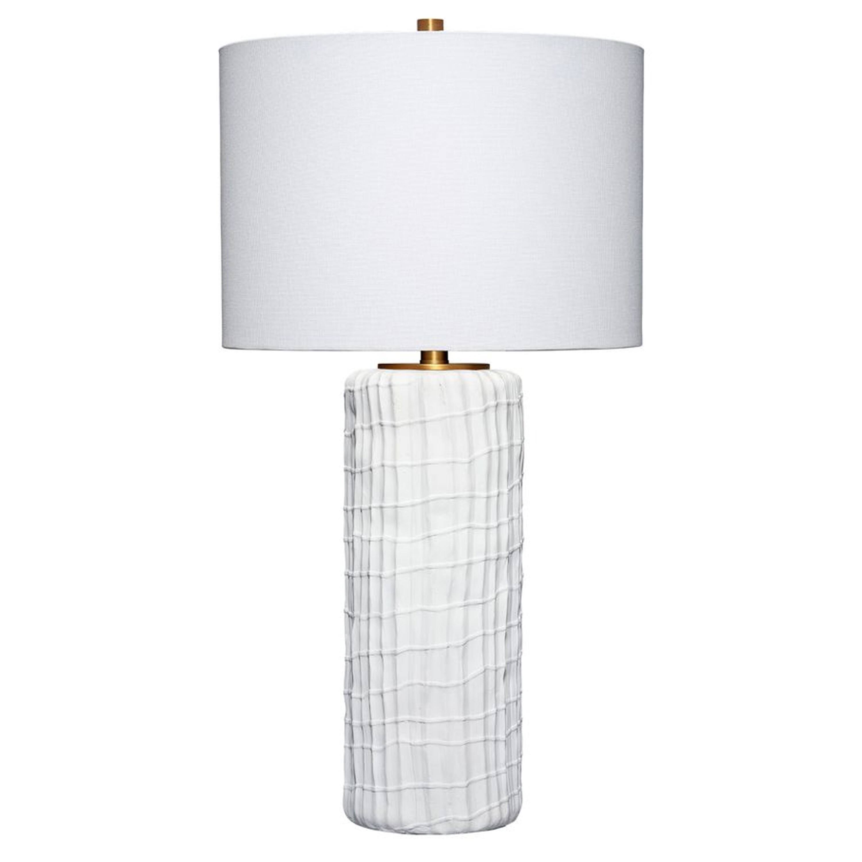 Angle. Manhattan Lane - Mena 28 Inch Table Lamp, Round Drum Shade, Grid Pattern Base - White, Brass.