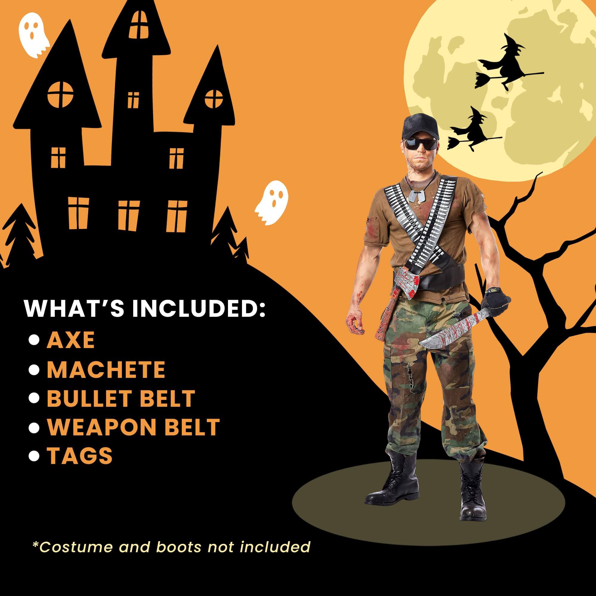 WHAT'S INCLUDED:
- AXE
- MACHETE
- BULLET BELT
- WEAPON BELT
- TAGS

*Costume and boots not included