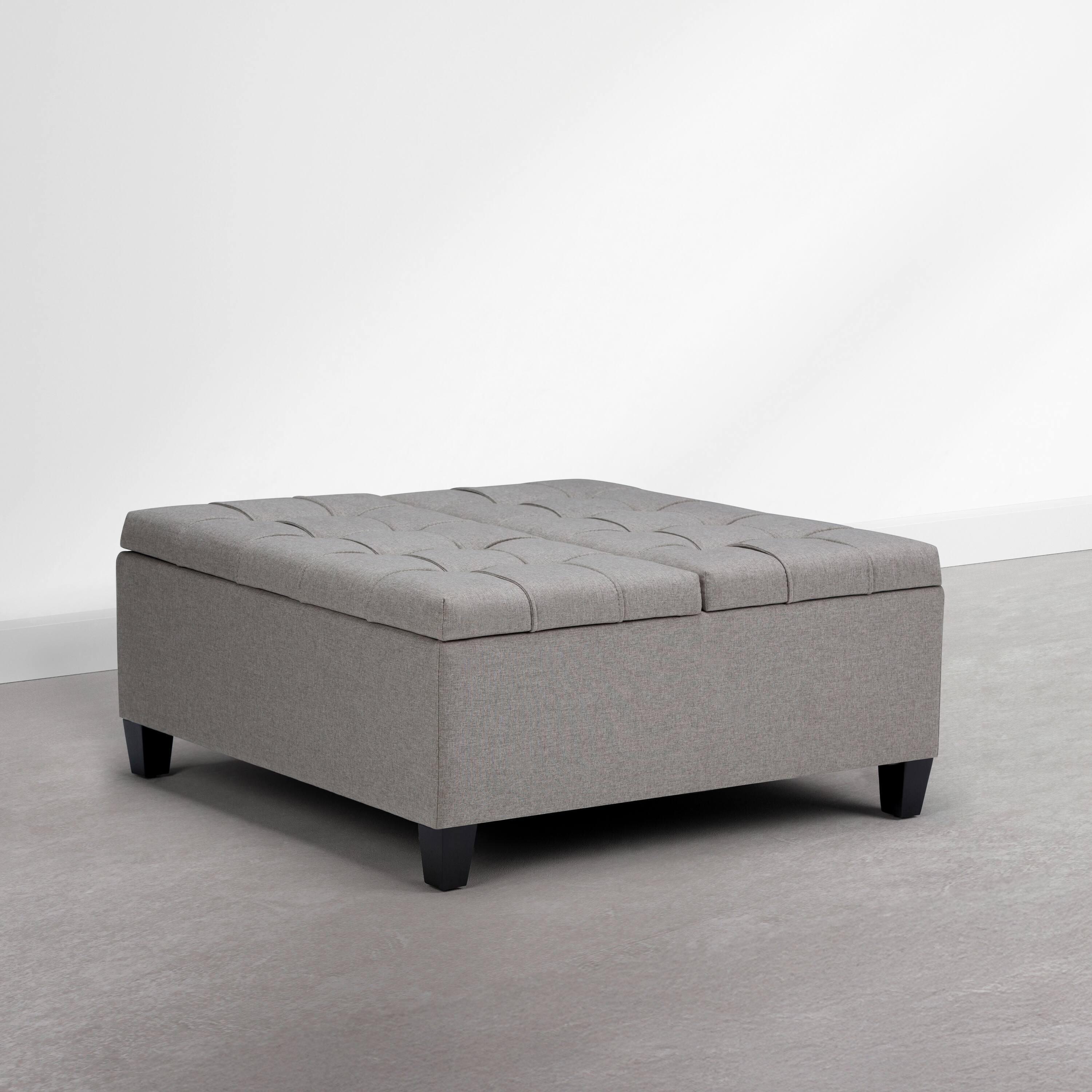 Angle. Simpli Home - Harrison 36 inch Wide Upholstered Solid Wood Square Storage Ottoman, Oyster Grey - Oyster Grey.