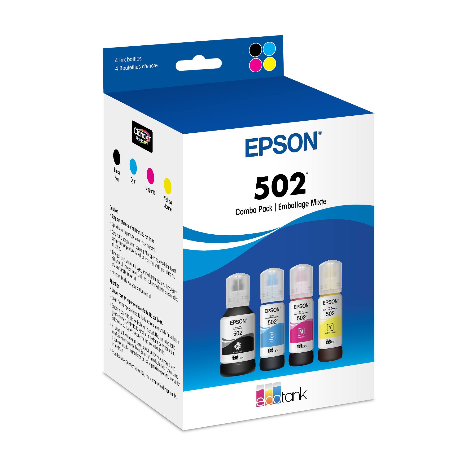 4 Ink bottles 4 Bouteilles d'encre
Cara Bod M Doen Wogpets Ves Caudos ia d les titnn pom Tem tn mtE aptes g VN ure Md L Vnetion euc hen A Z ve. A V t0m Z Jan So tad biate M d T 1 N Sk STAAL nor to Ftd v mn - A d nh Tesnate EPSON 502 Emballage Mixte Combo Pack | EPSON EPSON EPSON 502 502 EPSON 502 Y 502 M nl et n e eldotank