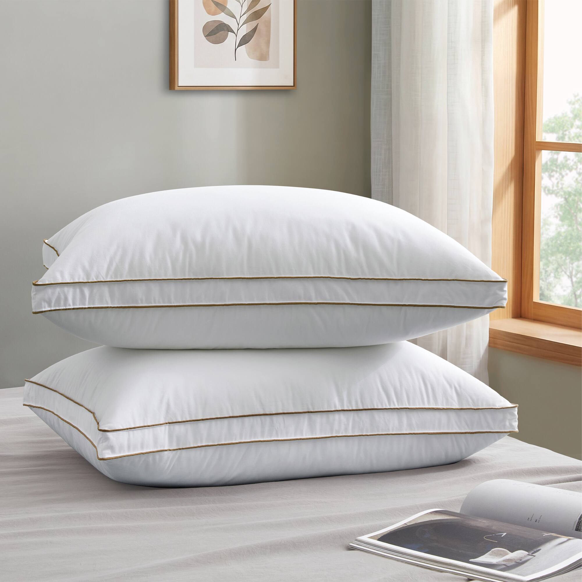 Front. Peace Nest - Peace Nest 2 Pack Medium Goose Feather Down Bed Pillows with Soft Cotton Cover, Gusseted, King - Gusseted.
