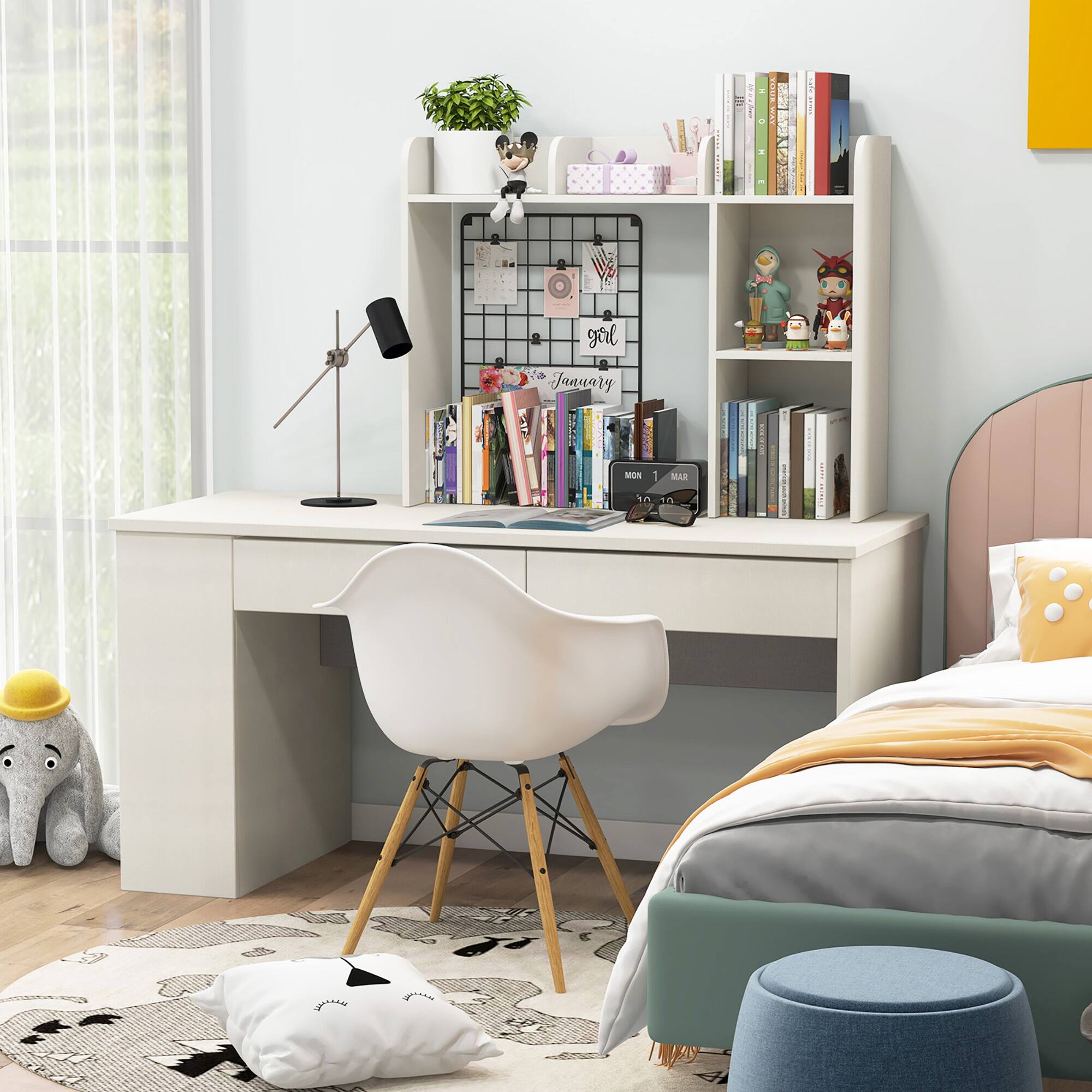 A small bedroom with a bed, a desk, a chair, and a bookshelf. The bookshelf is filled with books, and there is a stuffed elephant on the floor. The room also has a window and a potted plant. The bed is positioned next to the desk, and the chair is placed in front of it. The bookshelf is located above the desk, and the stuffed elephant is placed on the floor near the window.