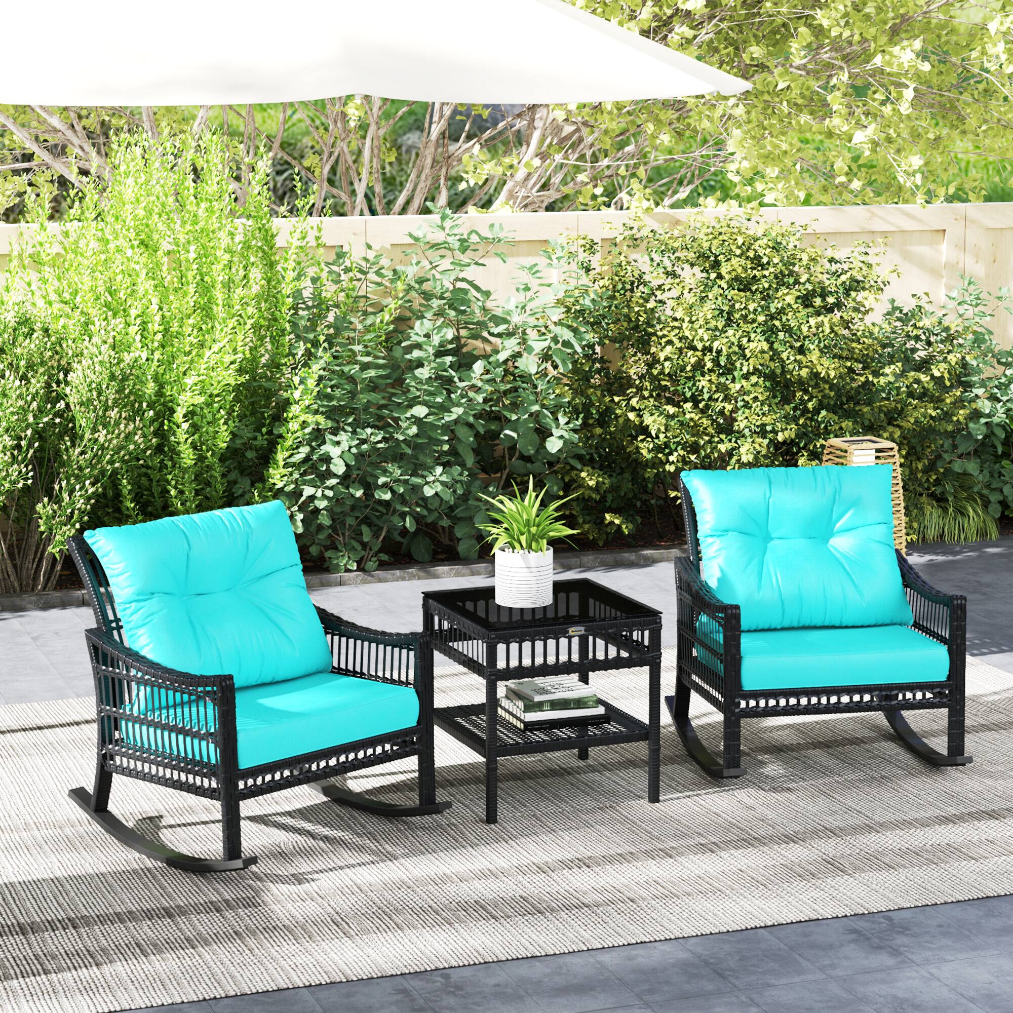 Alt View 1. Outsunny - Piece Outdoor PE Rattan Rocker Chair Set, Rocking Chair with Tempered Glass Table Top - Turquoise.