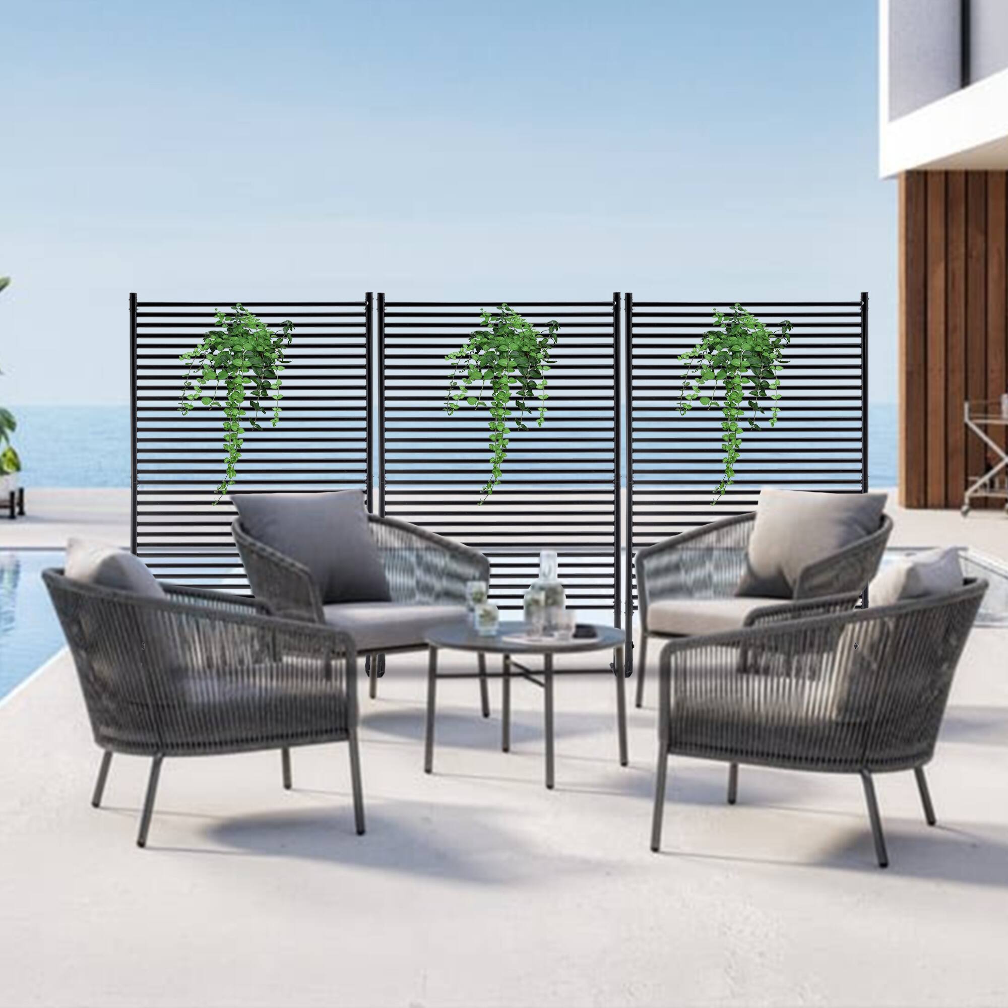 Alt View 1. COWLOWN - 71.26in x 46.65in Outdoor Privacy Screen Freestanding Metal Fence Panel with Slatted Design Black - Black.