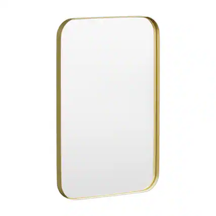 Angle. LOVMOR - Tempered Glass Rounded Rectangle Framed Wall-Mounted Bathroom Vanity Mirror - 20" x 30" - Gold.