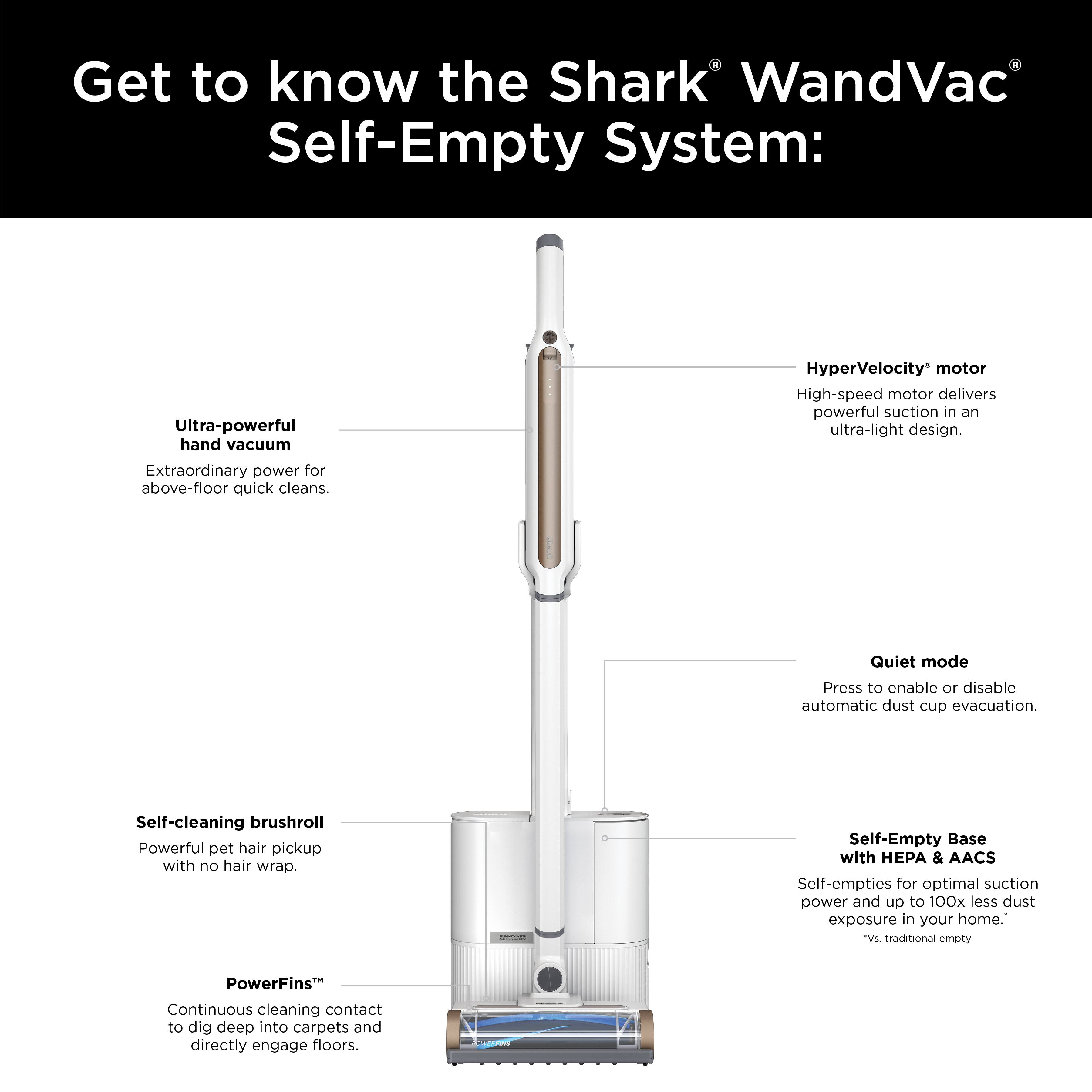 Get to know the Shark WandVac Self-Empty System:

* Ultra-powerful hand vacuum: Extraordinary power for above-floor quick cleans.
* HyperVelocity motor: High-speed motor delivers powerful suction in an ultra-light design.
* Quiet mode: Press to enable or disable automatic dust cup evacuation.
* Self-cleaning brushroll: Powerful pet hair pickup with no hair wrap.
* Self-Empty Base with HEPA & AACS: Self-empties for optimal suction power and up to 100x less dust exposure in your home.
* VL traditional empty: PowerFins Continuous cleaning contact to dig deep into carpets and directly engage floors.